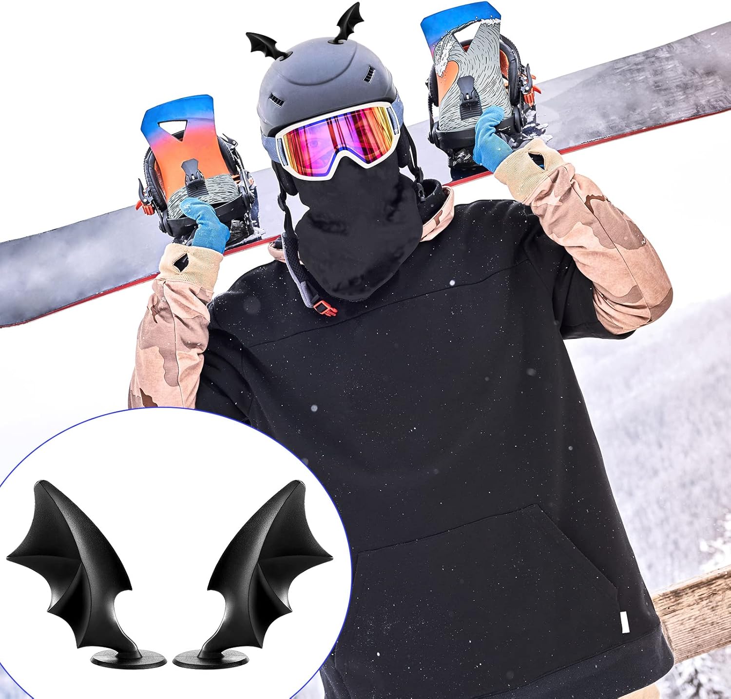 4 Pairs Helmet Devil Horns Motorcycle Accessories Cat Ears Wings with Adhesive Suction Cup Ski Bike for Women Men, Black - Image 7