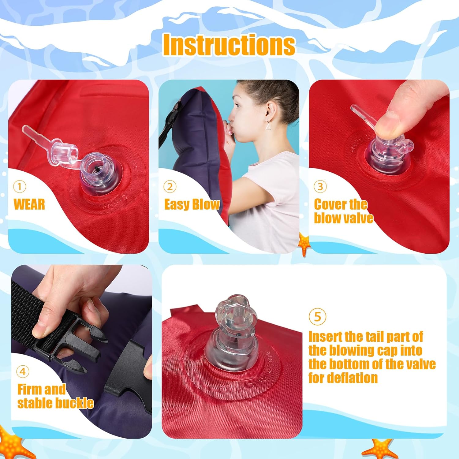 Inflatable Swim Belt Pool Flotation Portable Waist Floatation Aid for Adults Adjustable Training with Buckle and Rope Swimming Beginners Red Blue - Image 2