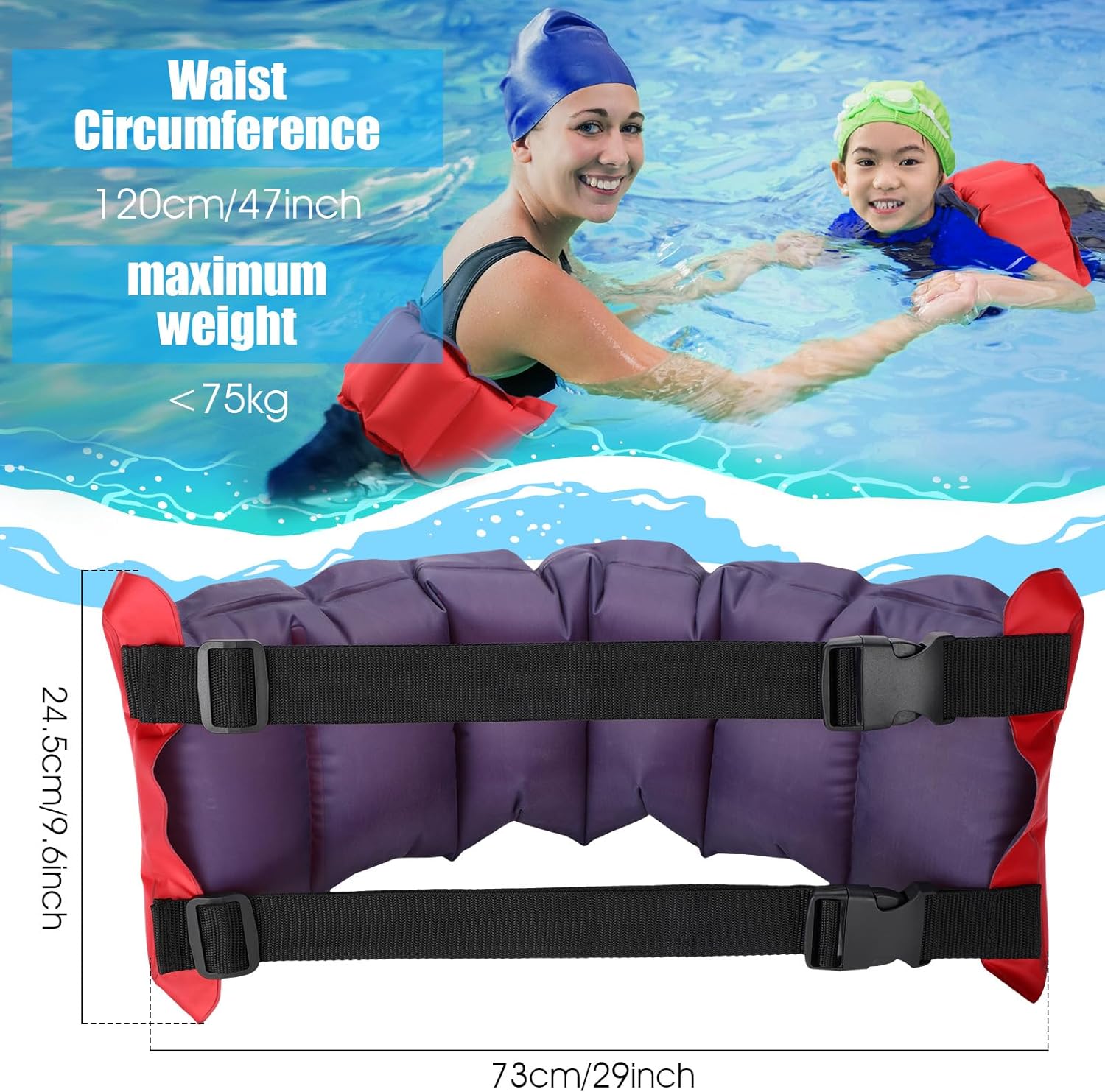 Inflatable Swim Belt Pool Flotation Portable Waist Floatation Aid for Adults Adjustable Training with Buckle and Rope Swimming Beginners Red Blue - Image 3