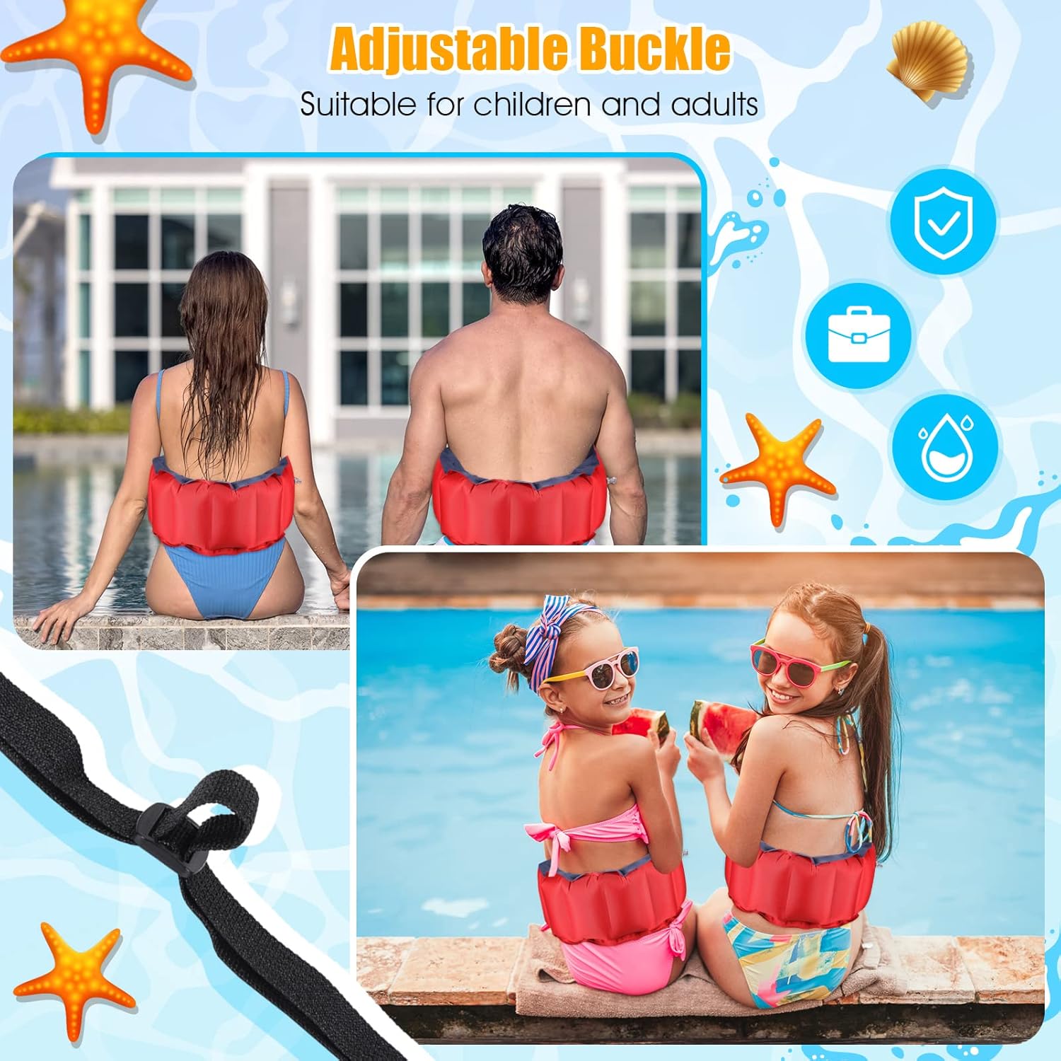 Inflatable Swim Belt Pool Flotation Portable Waist Floatation Aid for Adults Adjustable Training with Buckle and Rope Swimming Beginners Red Blue - Image 4
