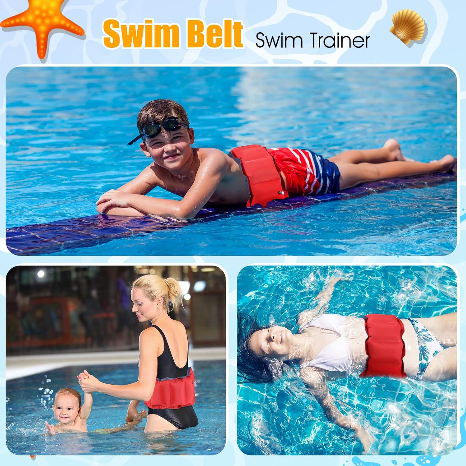 Inflatable Swim Belt Pool Flotation Portable Waist Floatation Aid for Adults Adjustable Training with Buckle and Rope Swimming Beginners Red Blue - Image 5
