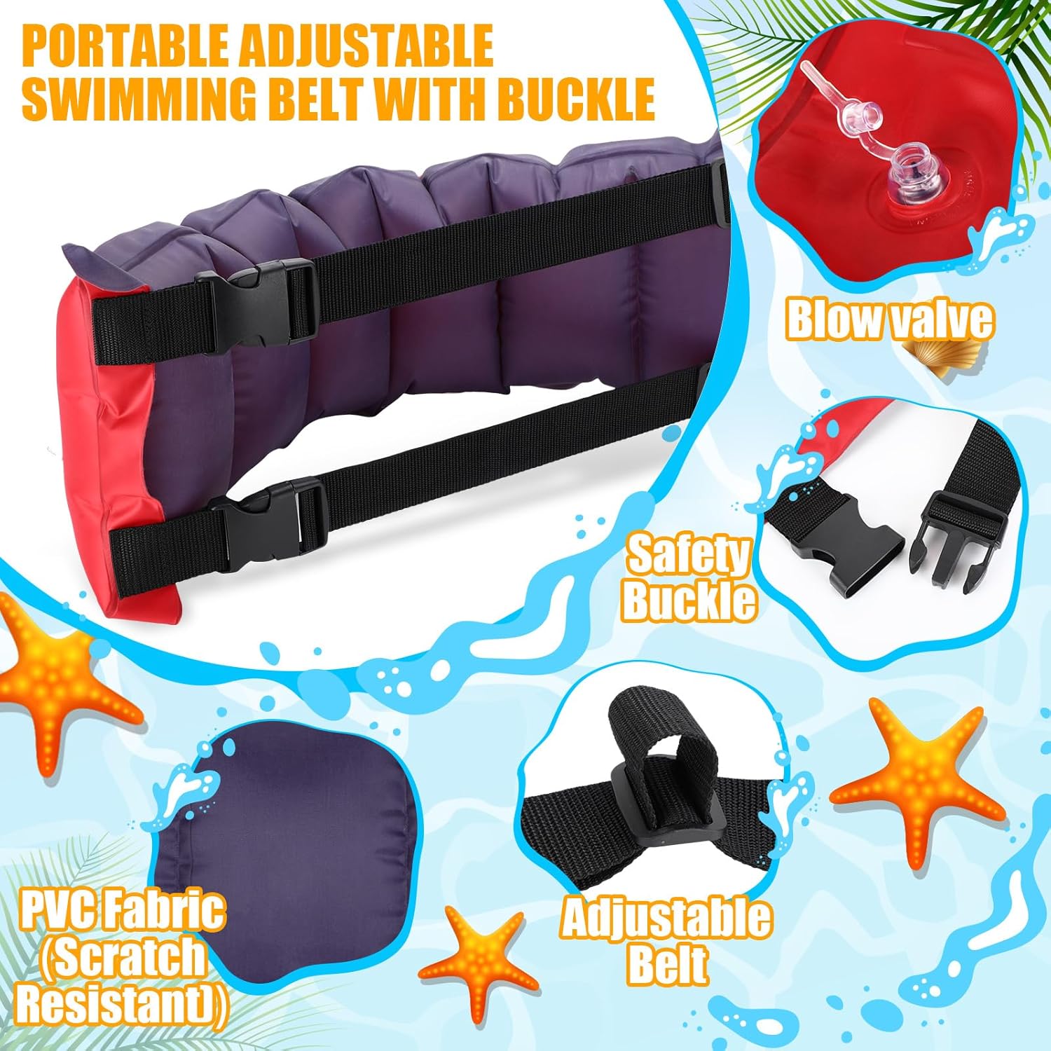 Inflatable Swim Belt Pool Flotation Portable Waist Floatation Aid for Adults Adjustable Training with Buckle and Rope Swimming Beginners Red Blue - Image 6