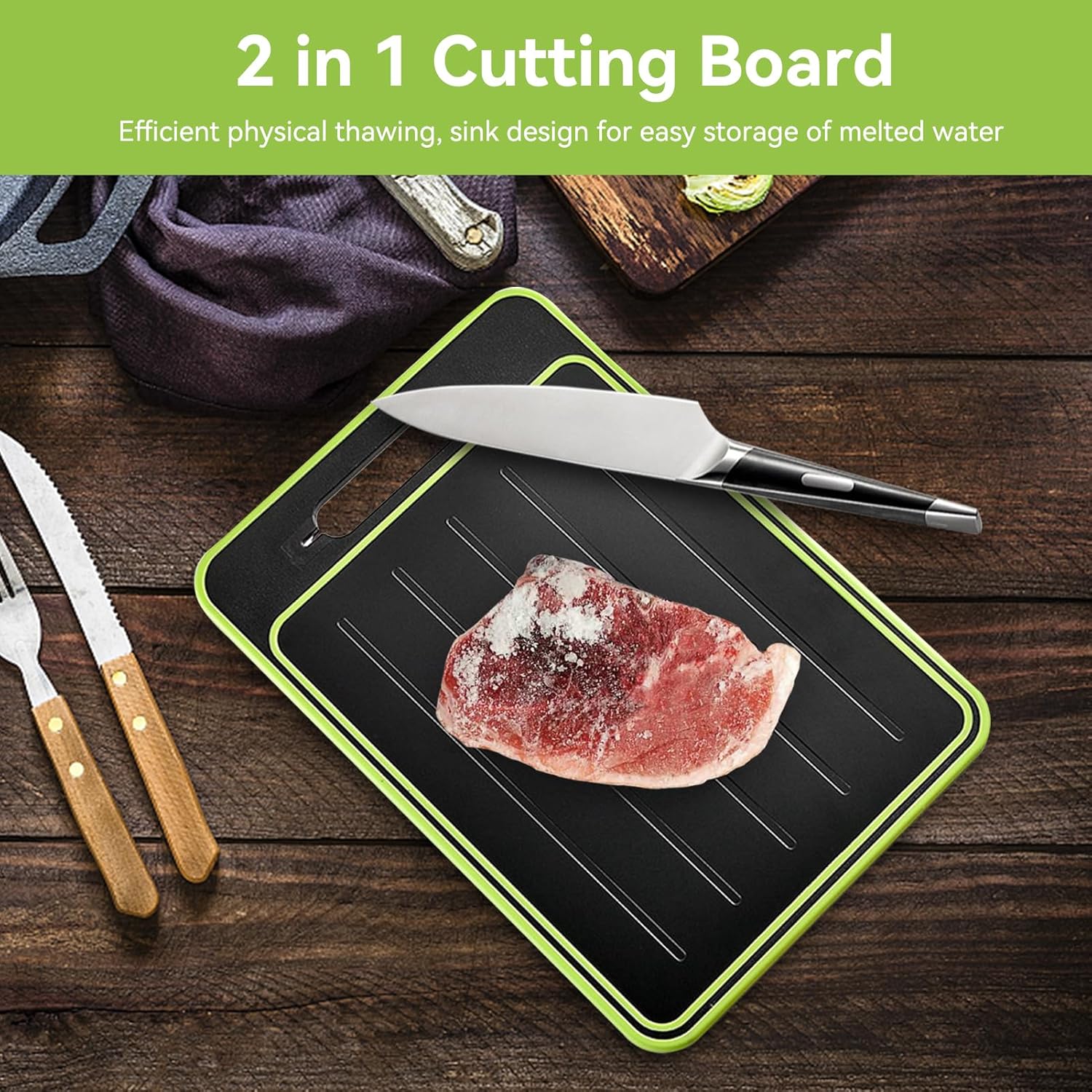 2 in 1 Defrosting Tray, Defrost Cutting Board with Knife Sharpener, Thawing Tray for Frozen Meat, Double Sided Sharpener - Image 2