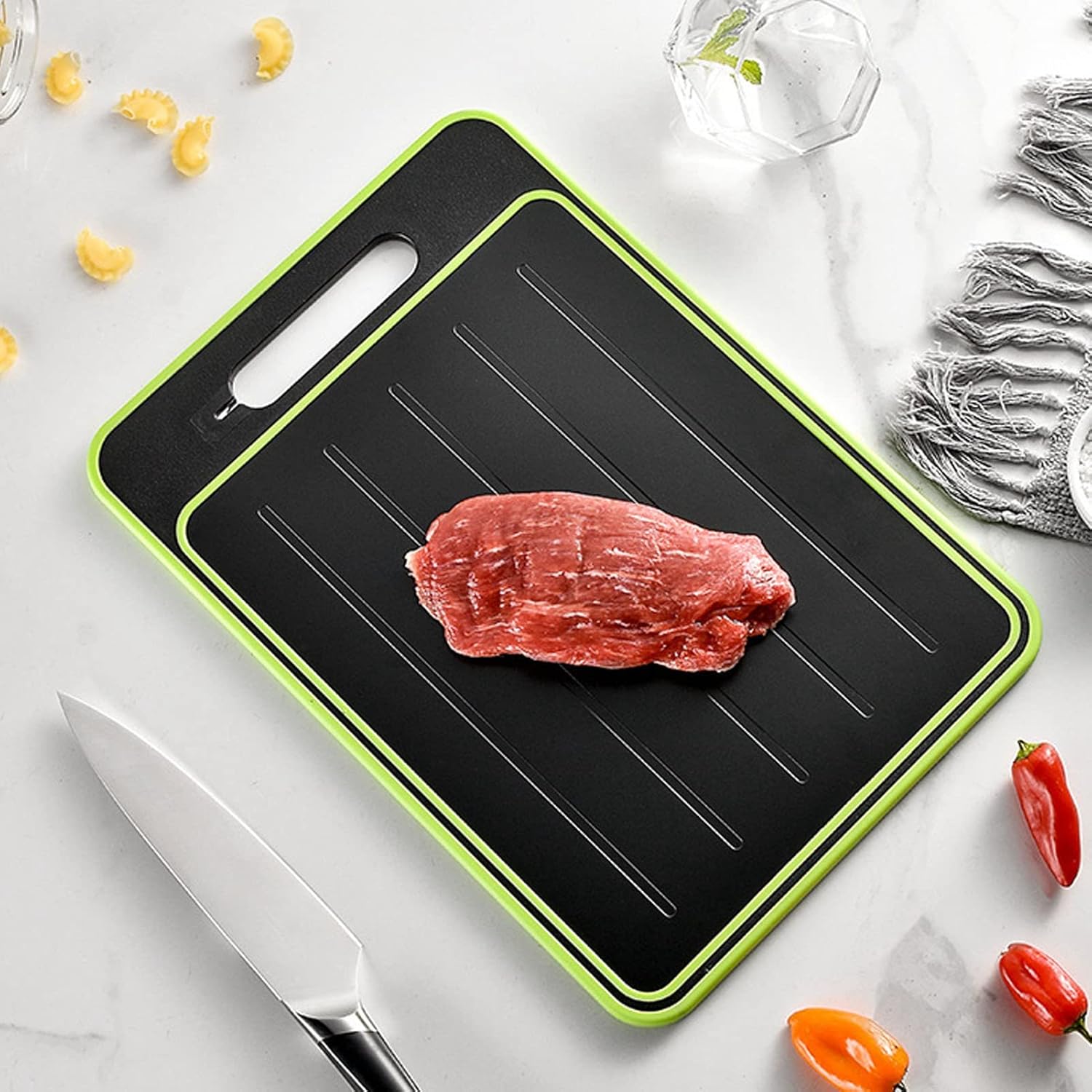 2 in 1 Defrosting Tray, Defrost Cutting Board with Knife Sharpener, Thawing Tray for Frozen Meat, Double Sided Sharpener - Image 7