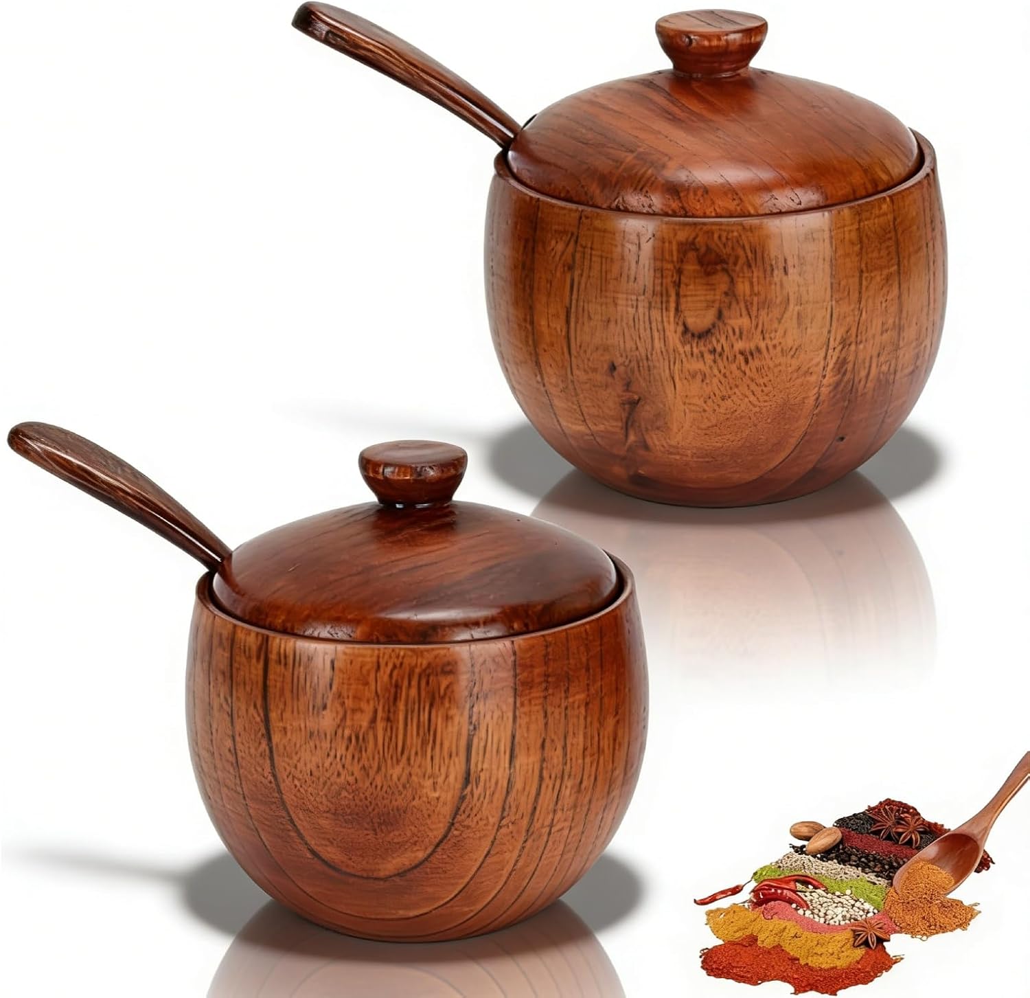 2 Pack Sugar Bowl with Lid and Spoon, Coffee Container Set Wooden Condiment Pot Decorative Storage Seasoning for Bar Table, Kitchen, Countertop - Image 1