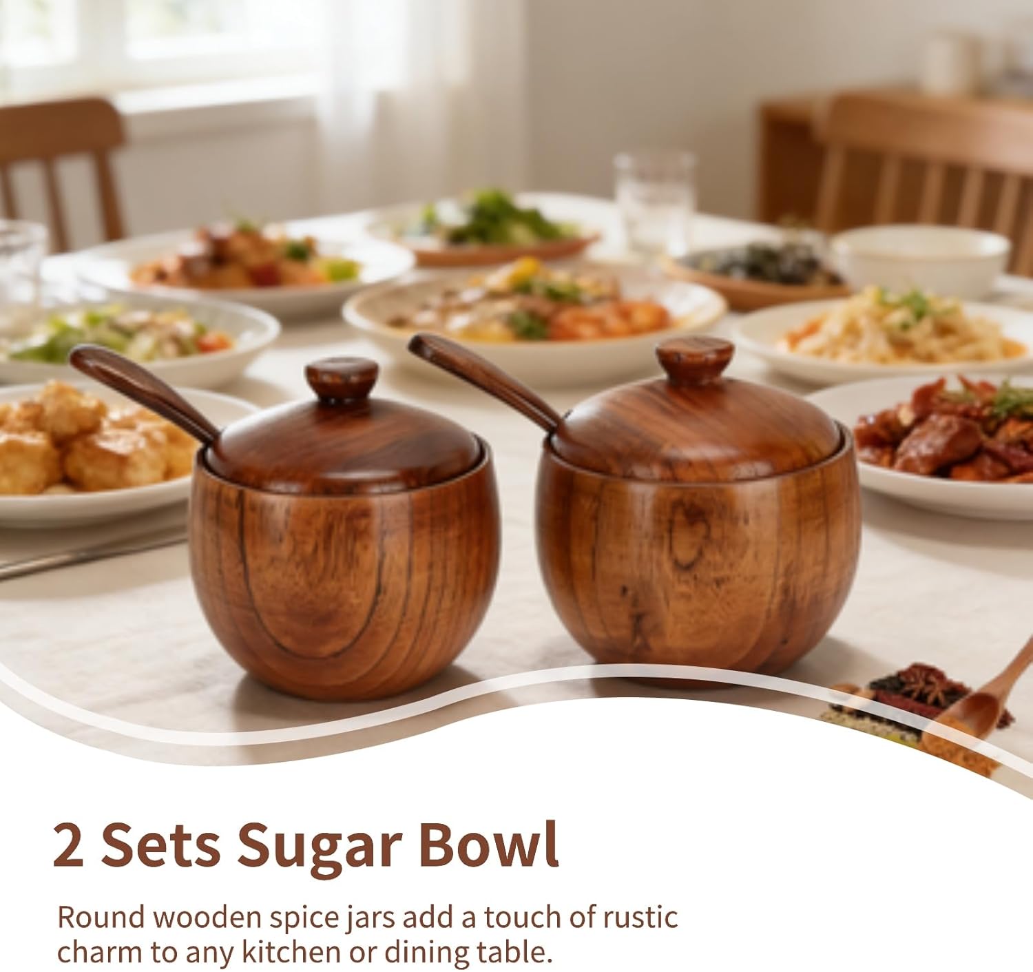 2 Pack Sugar Bowl with Lid and Spoon, Coffee Container Set Wooden Condiment Pot Decorative Storage Seasoning for Bar Table, Kitchen, Countertop - Image 3