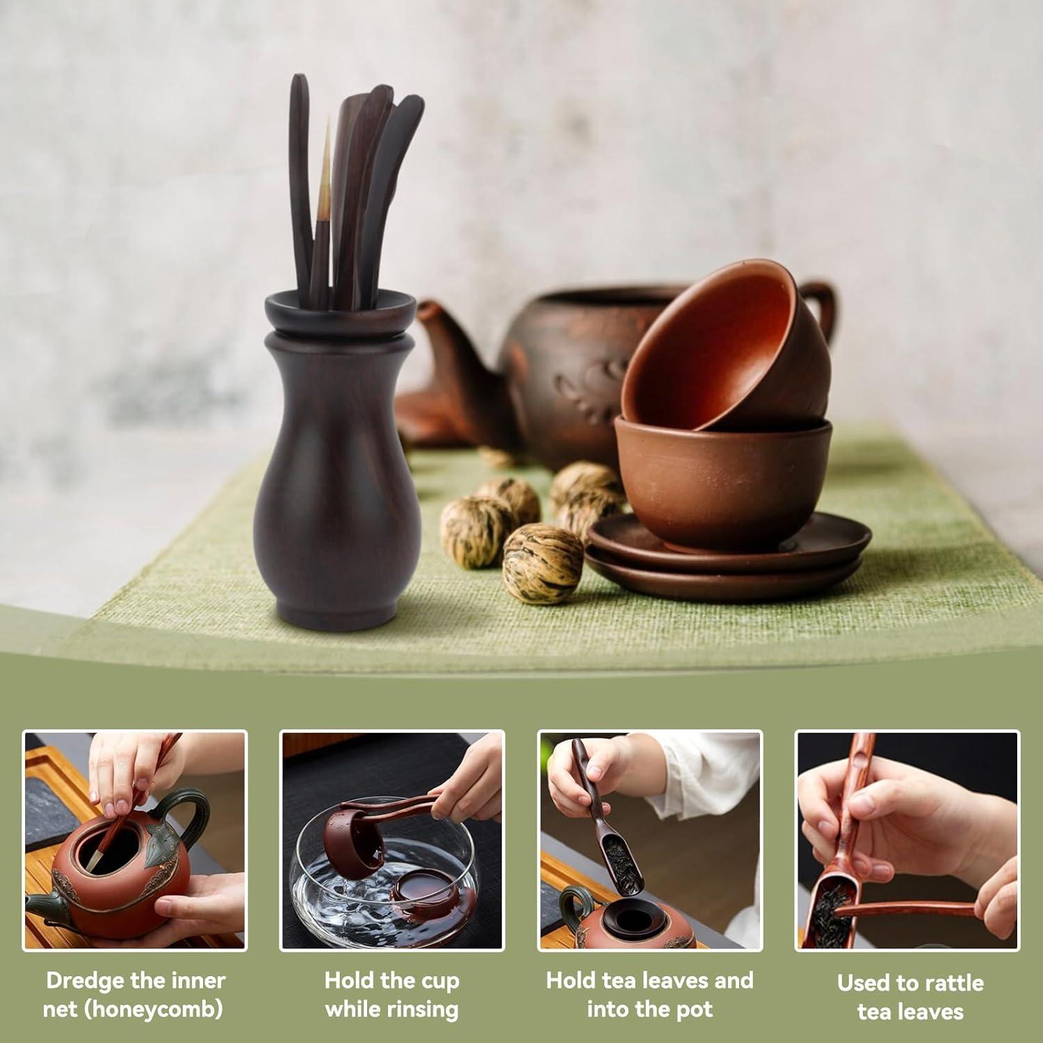 Chinese Gongfu Wooden Tea Ceremony Utensil Tools Set, 6PCS Kungfu Set Asian Teaware Kit for Traditional Brewing - Image 2
