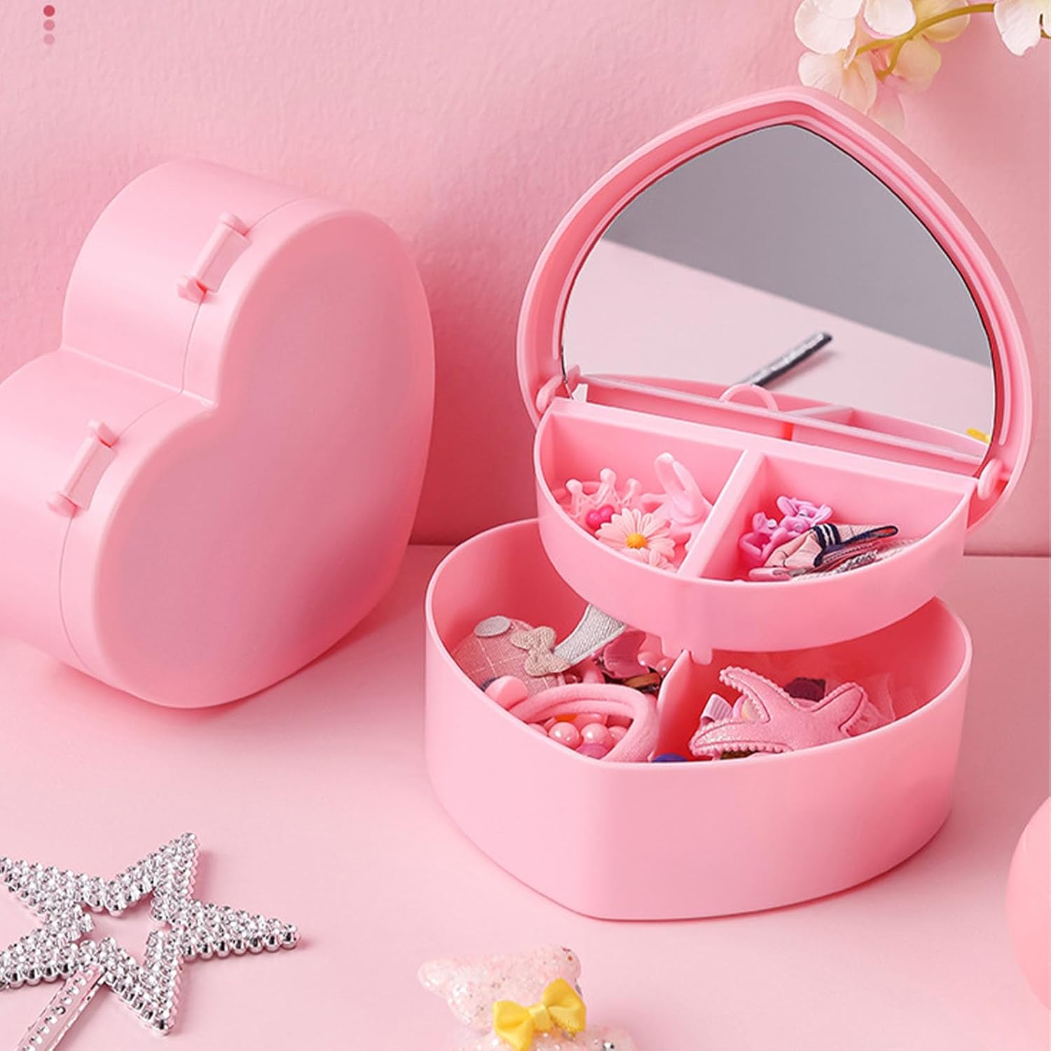 Girls Jewelry Box, 2 Layer Holder Organizer Heart Shape Portable Case with Mirror Travel for Earrings Rings Necklaces - Image 1