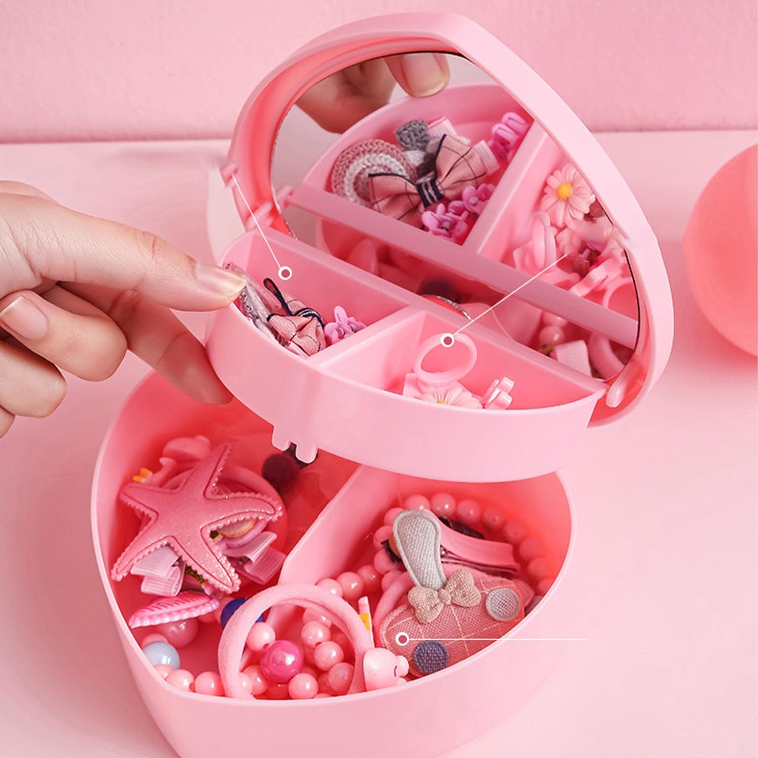 Girls Jewelry Box, 2 Layer Holder Organizer Heart Shape Portable Case with Mirror Travel for Earrings Rings Necklaces - Image 2