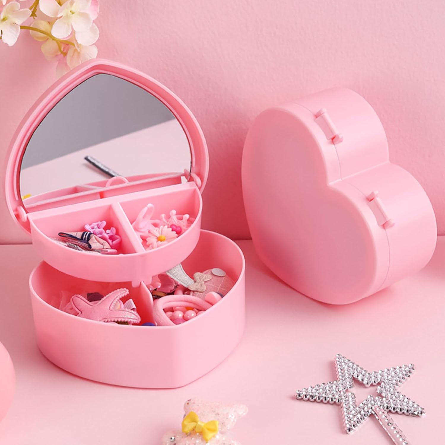 Girls Jewelry Box, 2 Layer Holder Organizer Heart Shape Portable Case with Mirror Travel for Earrings Rings Necklaces - Image 4