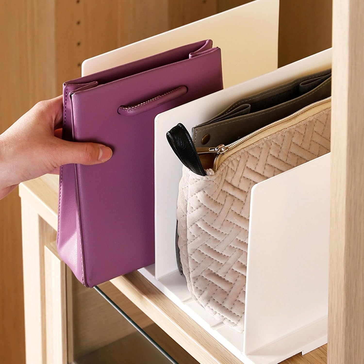 Shelf Divider for Closet, White Purse Organizer Adjustable Storage Handbag Organizers Closets Bookshelf Separator Dividers - Image 3