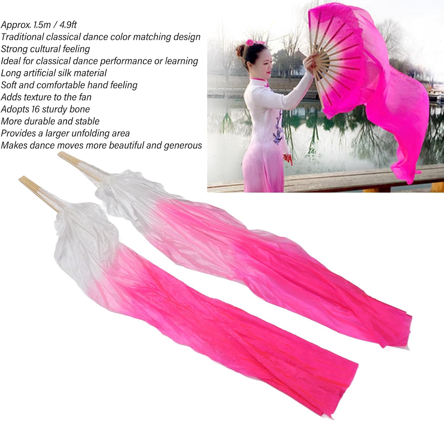 Dance Fan, 1 Pair Long Fan Belly Fans Folding Performance Classical (Pink) - Image 2