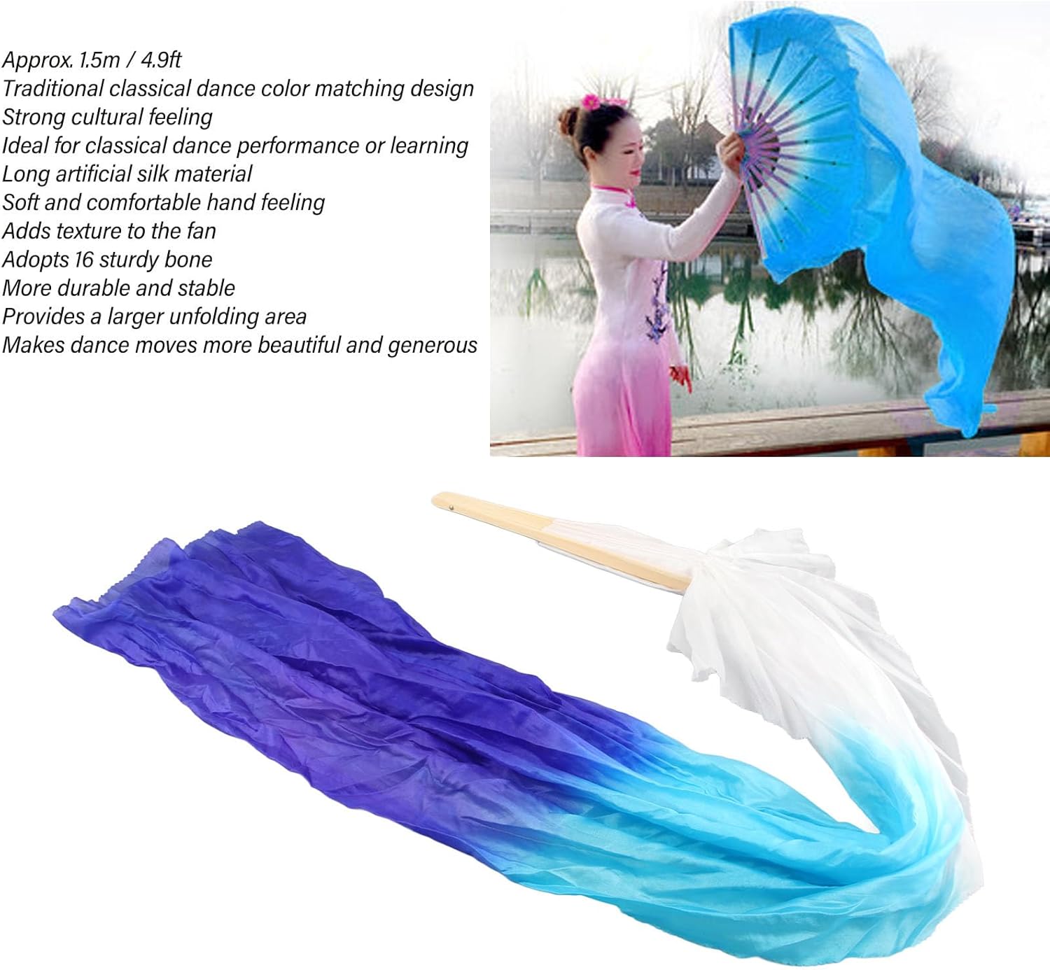 Dance Fan, 1 Pair Long Fan Belly Fans Folding Performance Classical (Blue) - Image 2