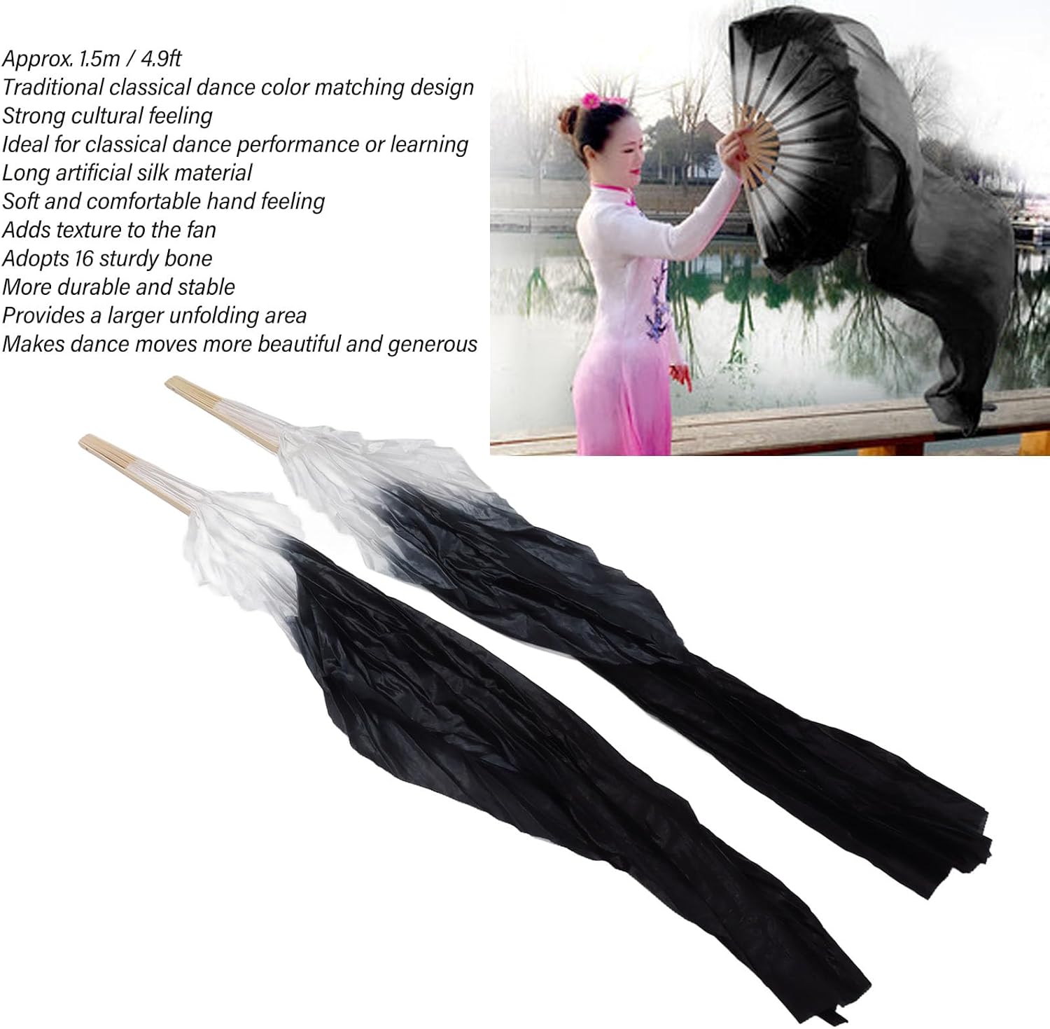 Dance Fan, 1 Pair Long Fan Belly Fans Folding Performance Classical (Black) - Image 2