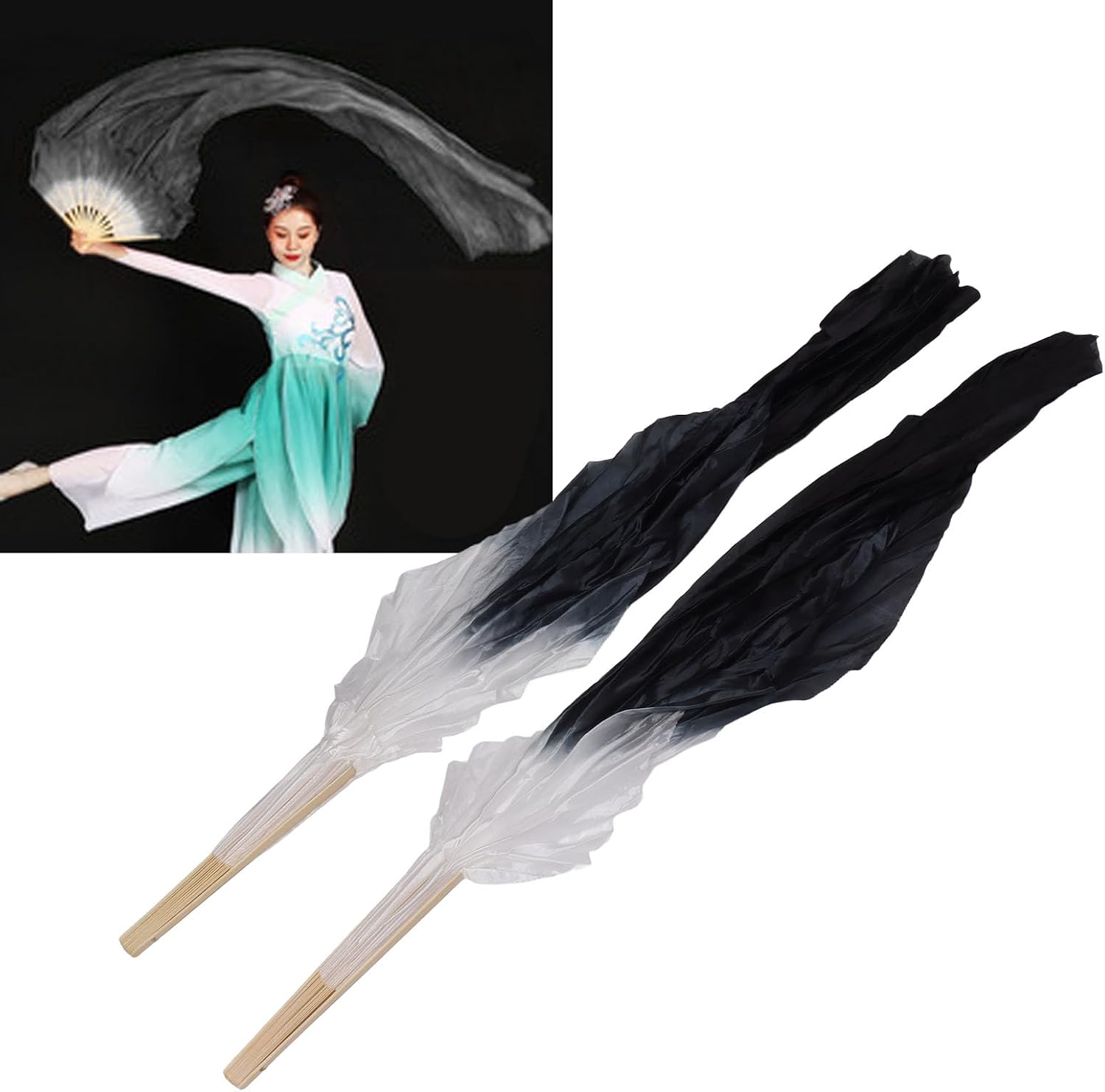 Dance Fan, 1 Pair Long Fan Belly Fans Folding Performance Classical (Black) - Image 3