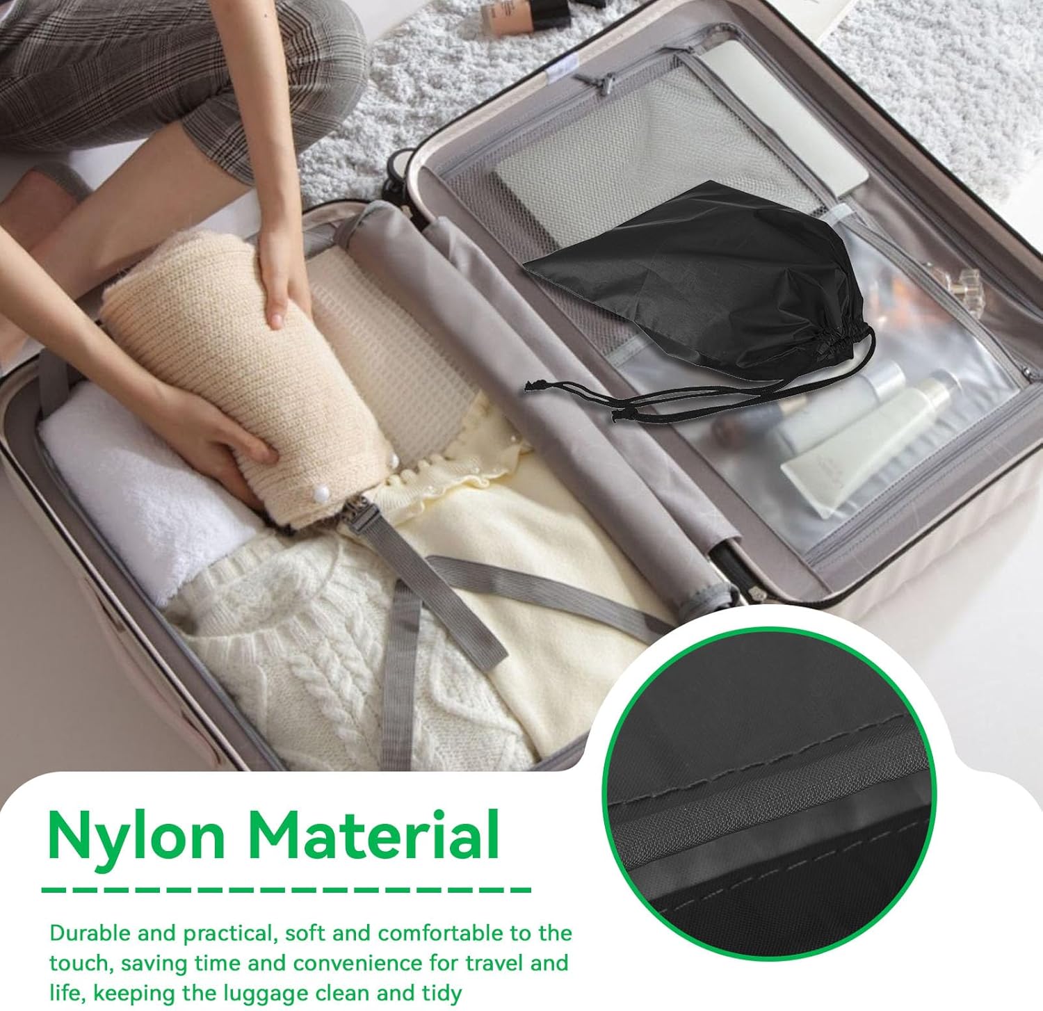 Nylon Drawstring Shoe Bag, 3PCS Bags for Travelling Dustproof Waterproof Travel Bag Underwear Shoes Pants Storage(Black) - Image 5