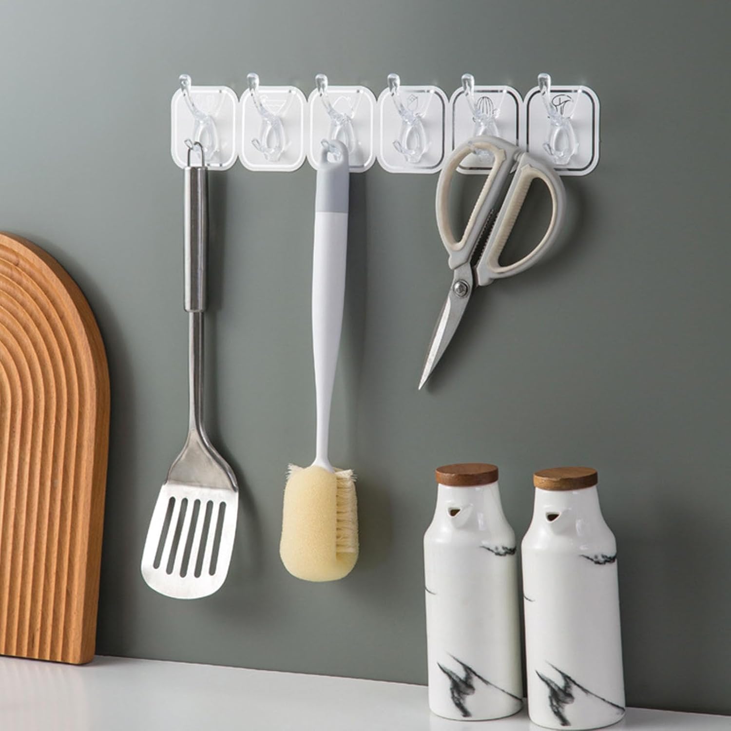 6Pcs Acrylic Wall Mounted Necklaces Organizer,6 Hooks Jewelry Stand Organizer,No Drilling Hanging Hook Strong Bearing Capacity for Kitchen Bathroom(White) - Image 2