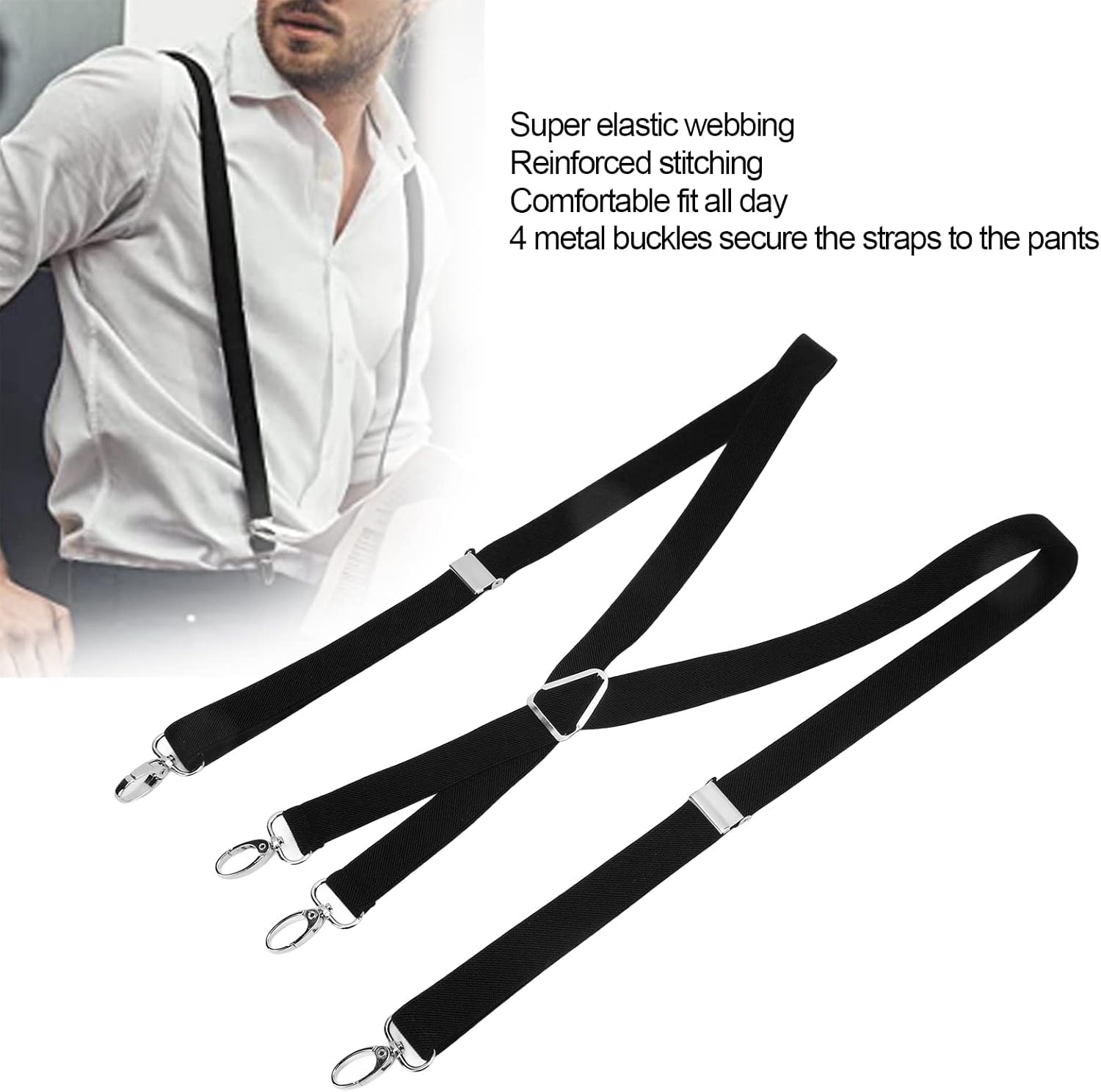 Mens Suspenders,Back Hidden Suspender,Adjustable Stretchable 2.5x110cm/1.0x43.3in Clip Suspenders Fit 4 Metal Buckles Pants for Adult(black) - Image 2