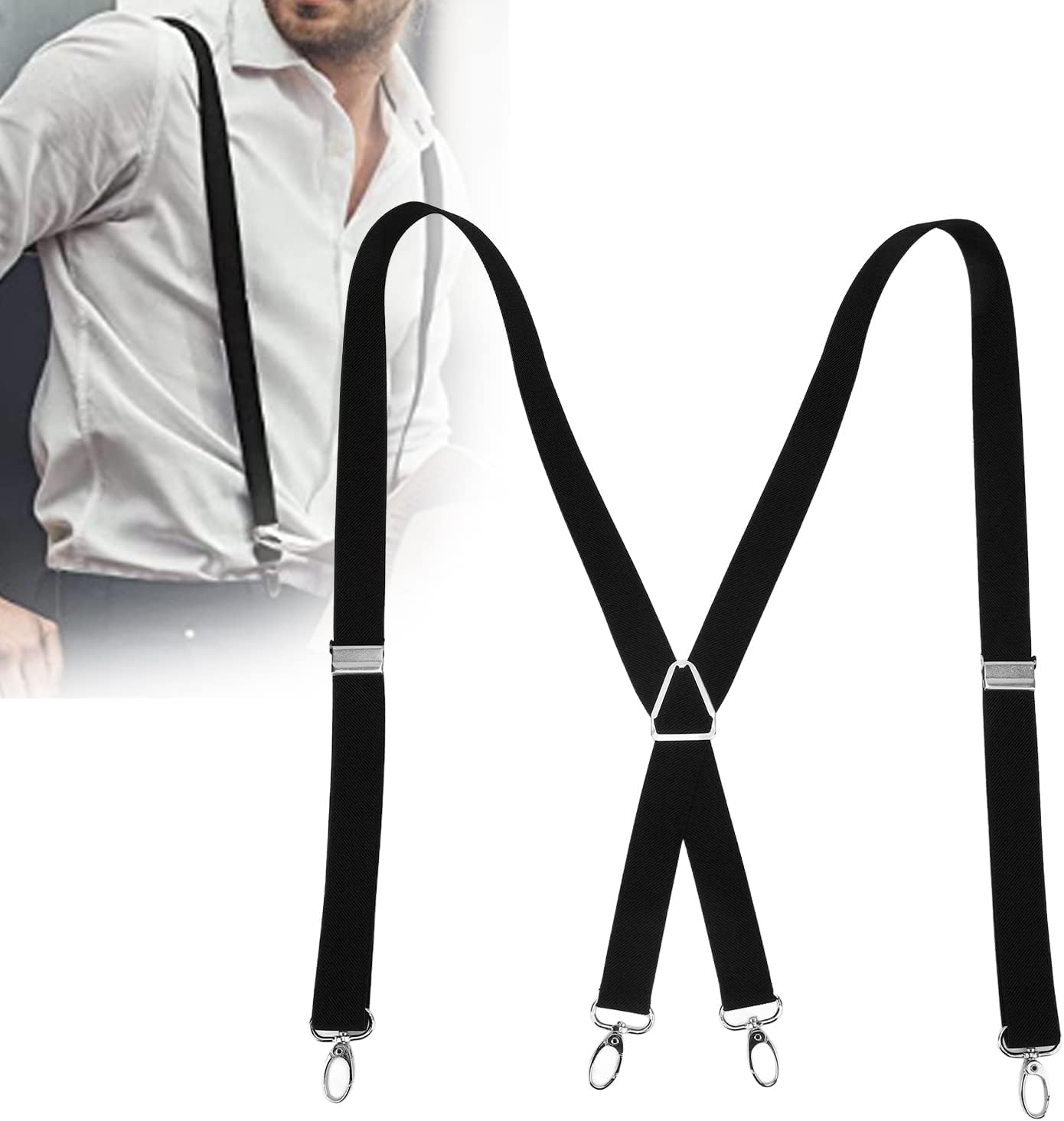 Mens Suspenders,Back Hidden Suspender,Adjustable Stretchable 2.5x110cm/1.0x43.3in Clip Suspenders Fit 4 Metal Buckles Pants for Adult(black) - Image 4