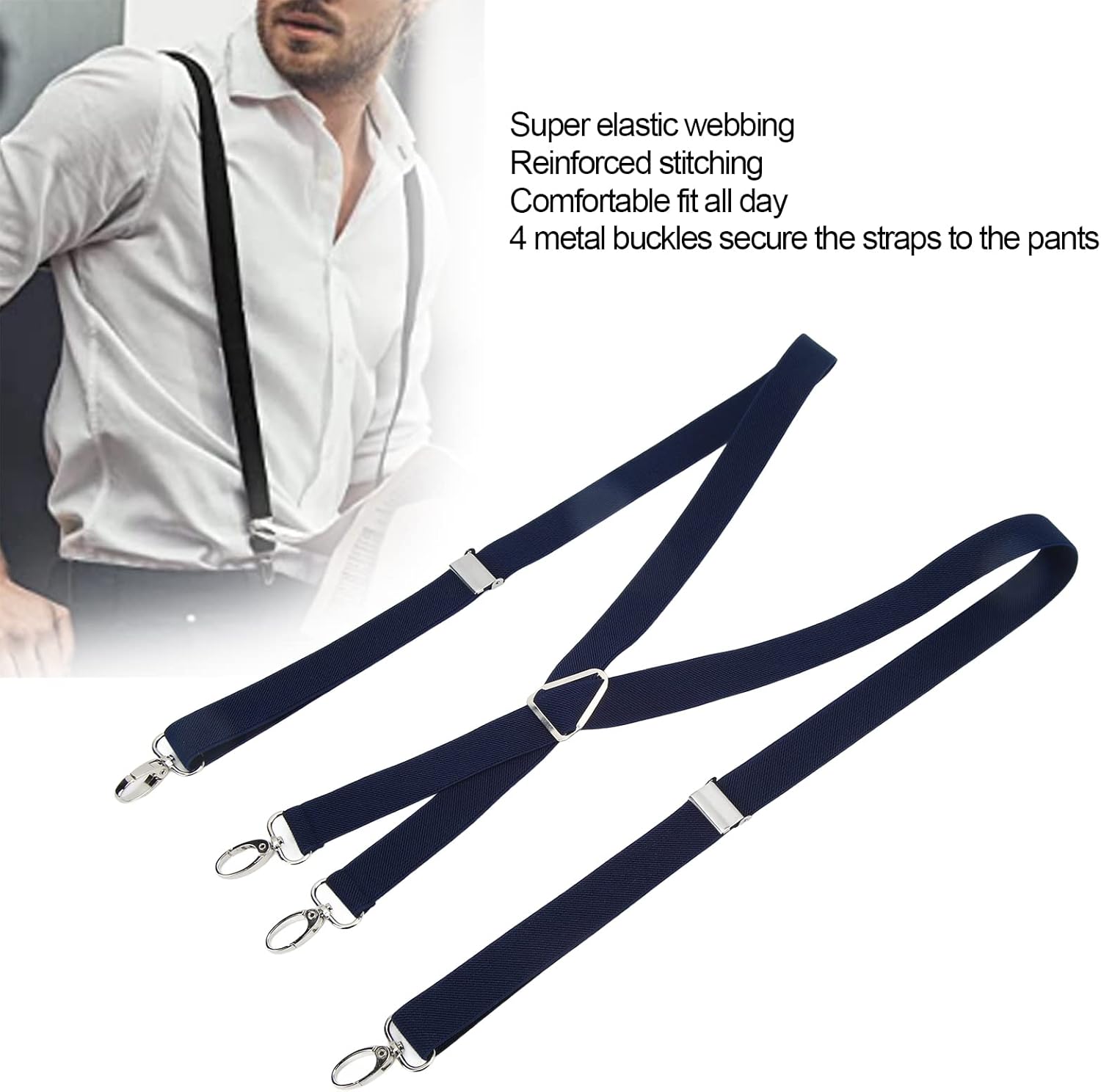 Mens Suspenders,Back Hidden Suspender,Adjustable Stretchable 2.5x110cm/1.0x43.3in Clip Suspenders Fit 4 Metal Buckles Pants for Adult(Navy blue) - Image 2