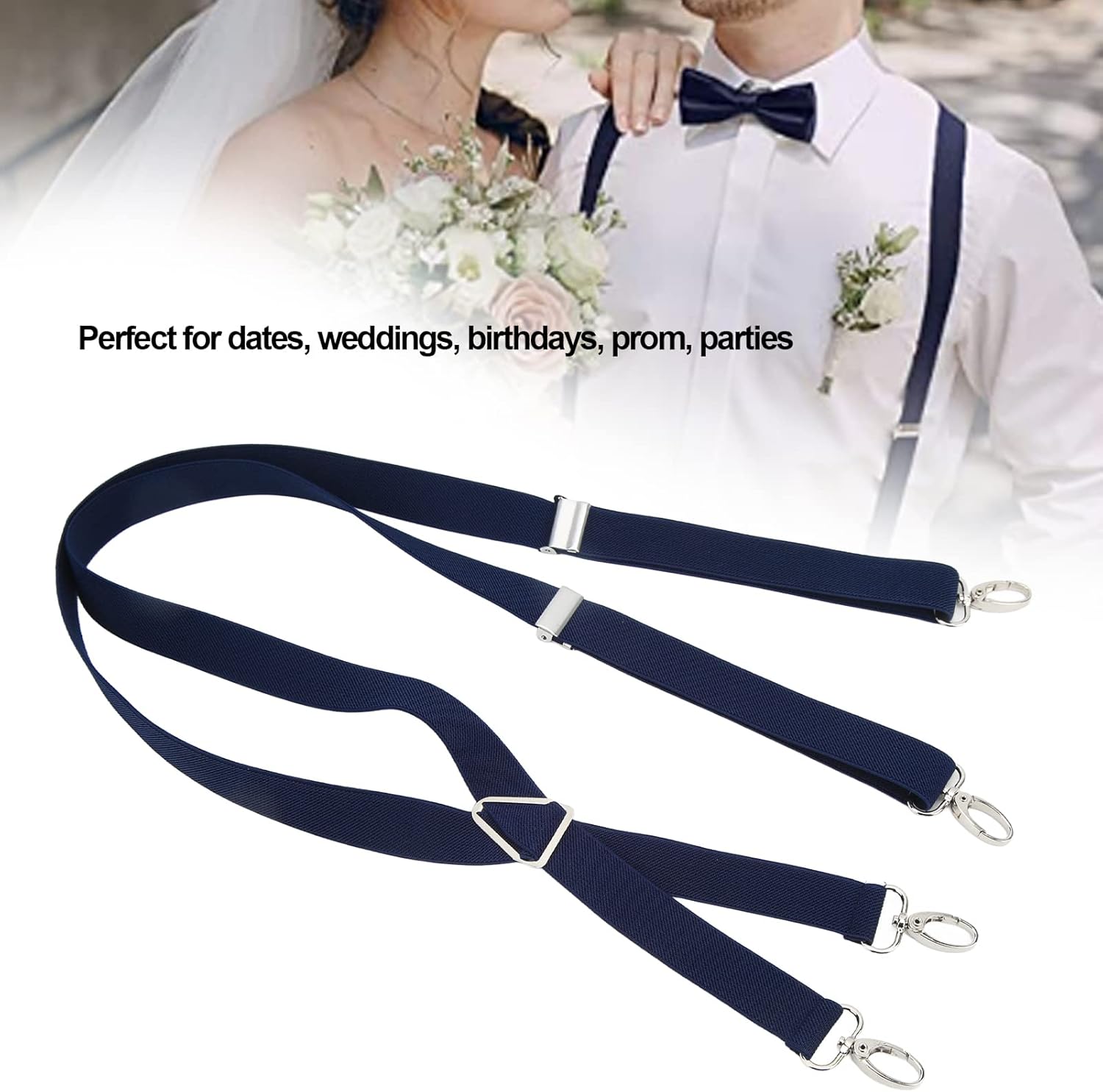 Mens Suspenders,Back Hidden Suspender,Adjustable Stretchable 2.5x110cm/1.0x43.3in Clip Suspenders Fit 4 Metal Buckles Pants for Adult(Navy blue) - Image 3