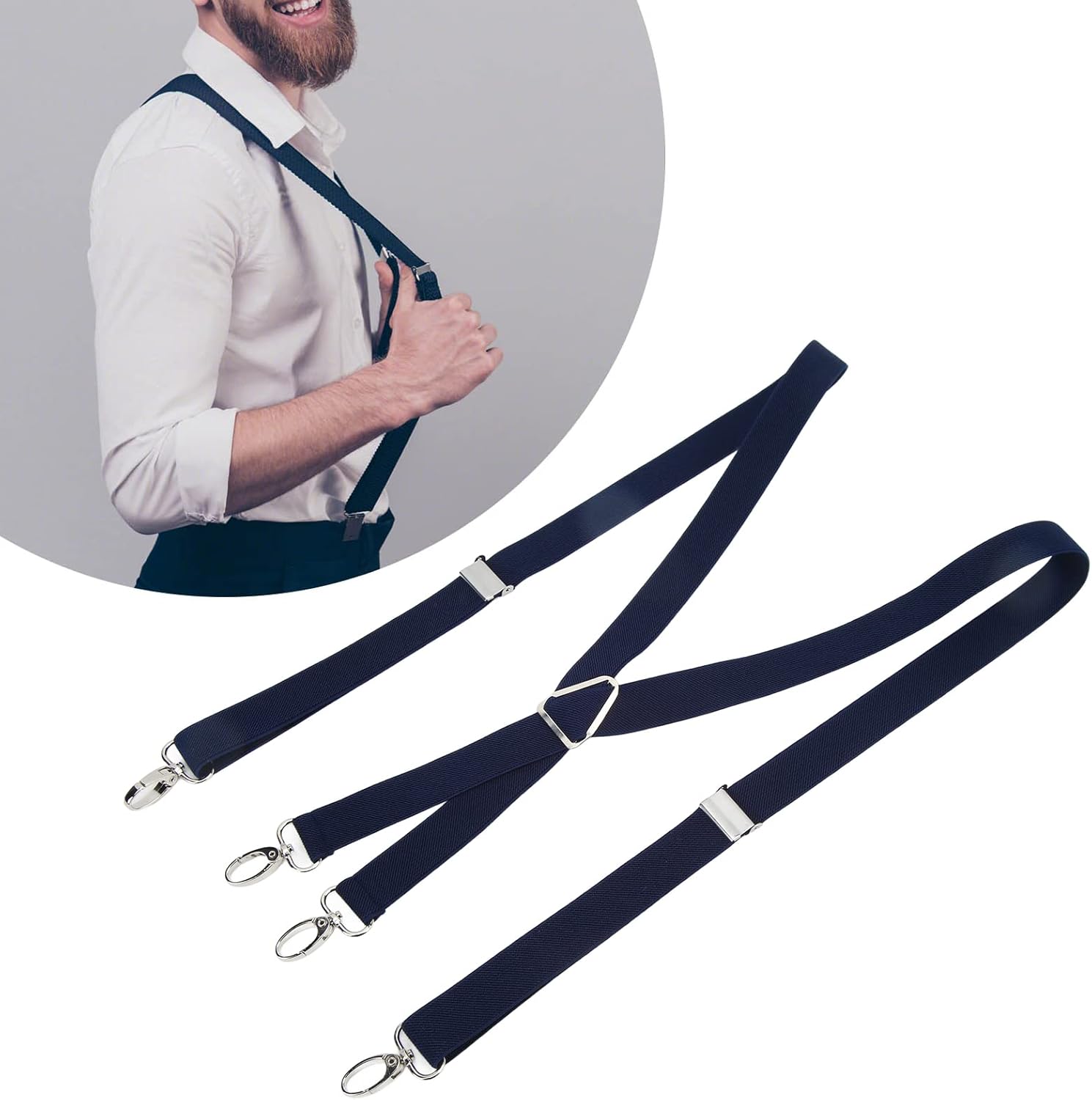 Mens Suspenders,Back Hidden Suspender,Adjustable Stretchable 2.5x110cm/1.0x43.3in Clip Suspenders Fit 4 Metal Buckles Pants for Adult(Navy blue) - Image 4