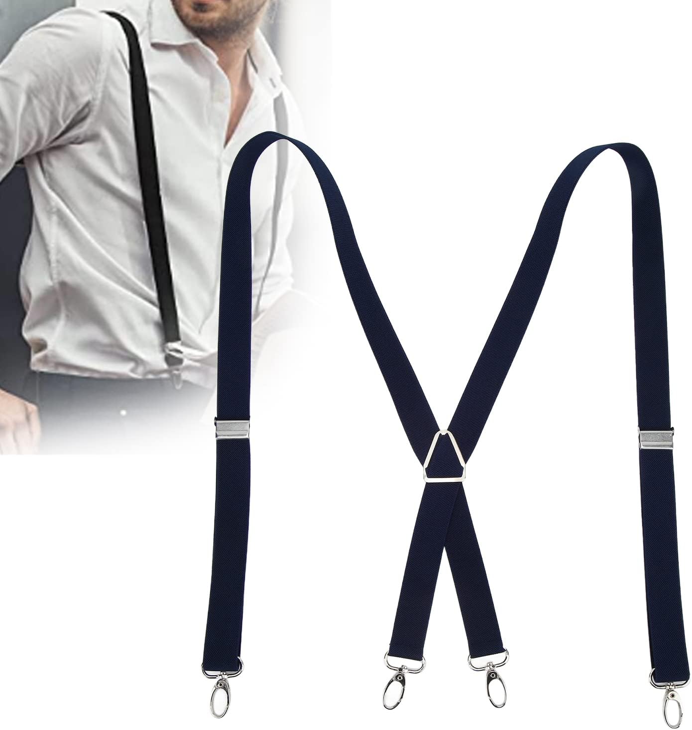 Mens Suspenders,Back Hidden Suspender,Adjustable Stretchable 2.5x110cm/1.0x43.3in Clip Suspenders Fit 4 Metal Buckles Pants for Adult(Navy blue) - Image 5