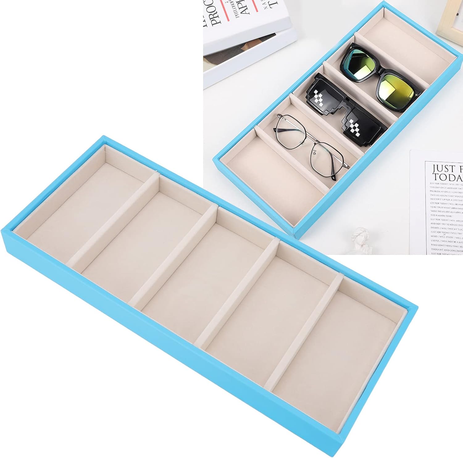 Glasses Organizer Jewelry Tray, 5 Grids Leather Eyeglass Storage Case Sunglass Display Tray and Watch Collection Organizer(Light Blue) - Image 2