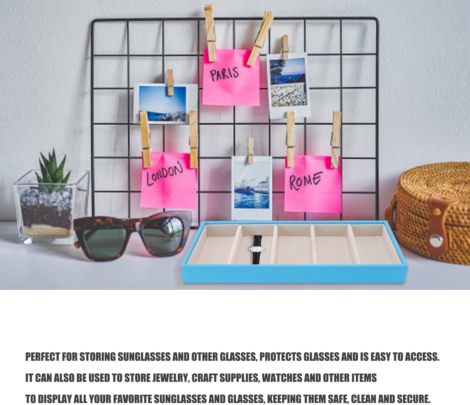 Glasses Organizer Jewelry Tray, 5 Grids Leather Eyeglass Storage Case Sunglass Display Tray and Watch Collection Organizer(Light Blue) - Image 3