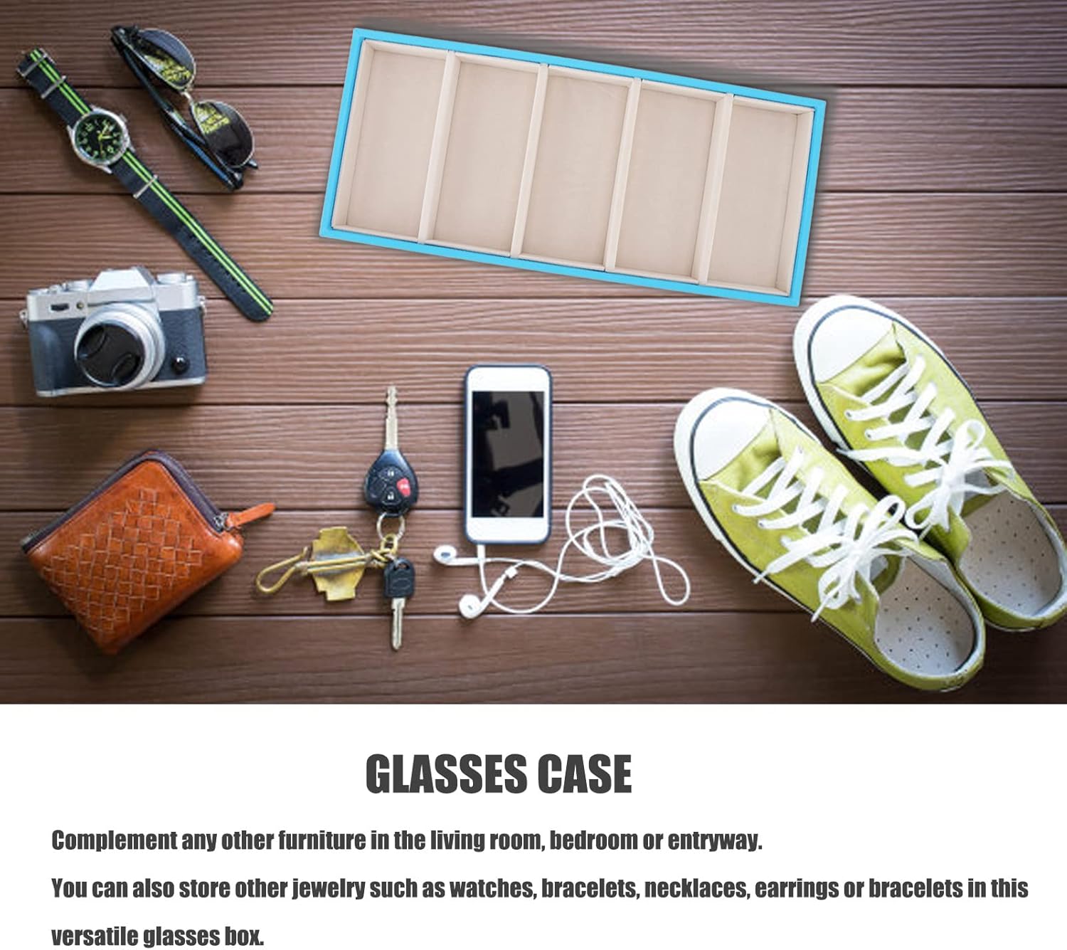 Glasses Organizer Jewelry Tray, 5 Grids Leather Eyeglass Storage Case Sunglass Display Tray and Watch Collection Organizer(Light Blue) - Image 4
