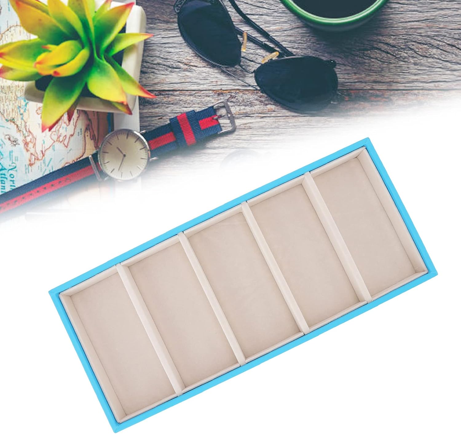 Glasses Organizer Jewelry Tray, 5 Grids Leather Eyeglass Storage Case Sunglass Display Tray and Watch Collection Organizer(Light Blue) - Image 5