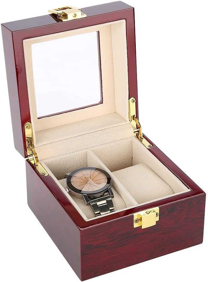 Wooden Watch Box, 2 Slots Storage Case Organizer Beige Soft Flannel Lining Red Box for Men with Clear Lid - Image 1