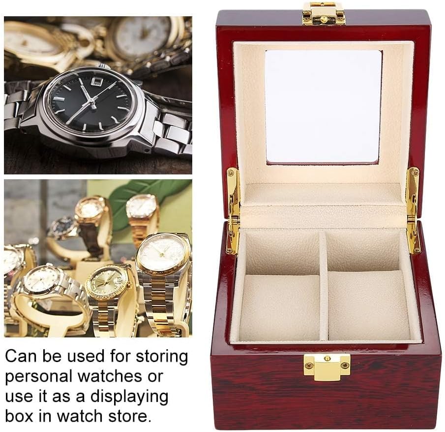 Wooden Watch Box, 2 Slots Storage Case Organizer Beige Soft Flannel Lining Red Box for Men with Clear Lid - Image 2