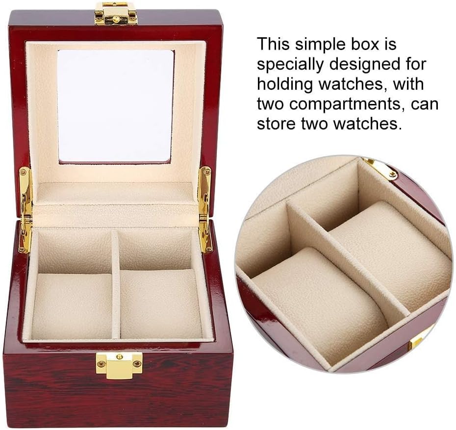 Wooden Watch Box, 2 Slots Storage Case Organizer Beige Soft Flannel Lining Red Box for Men with Clear Lid - Image 3