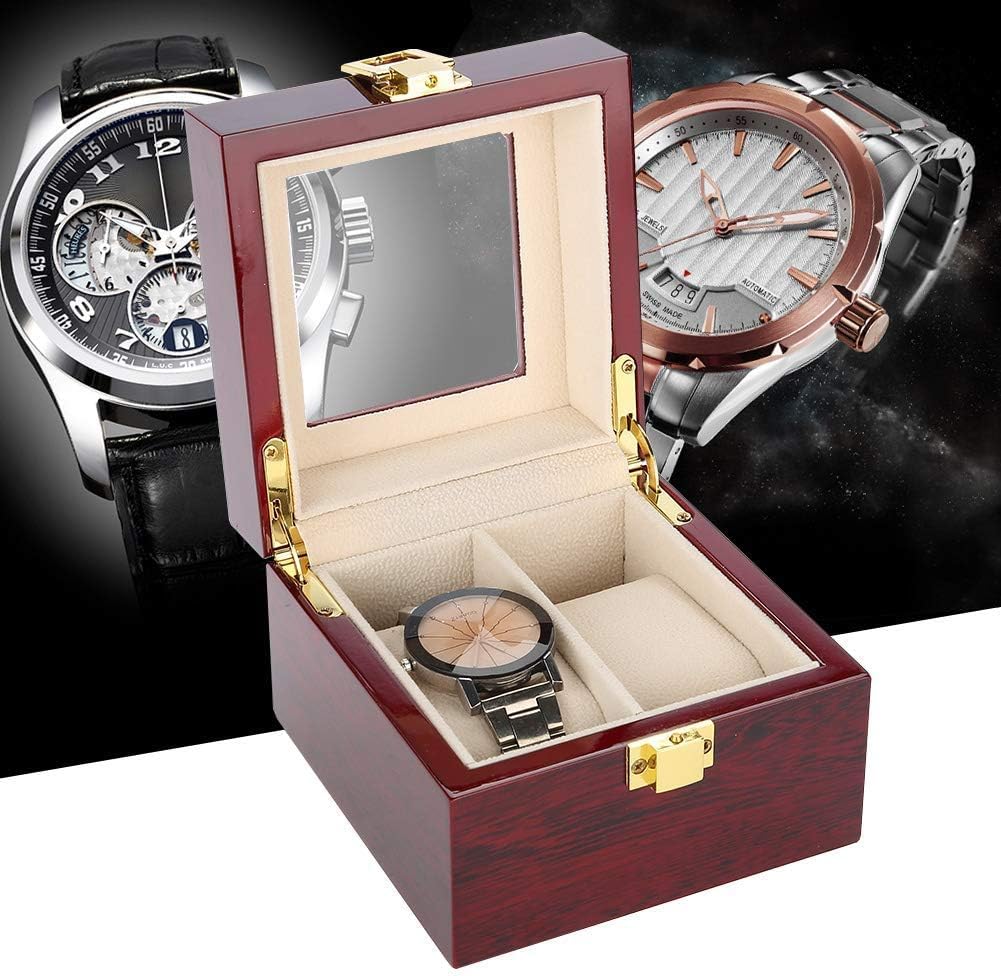 Wooden Watch Box, 2 Slots Storage Case Organizer Beige Soft Flannel Lining Red Box for Men with Clear Lid - Image 4