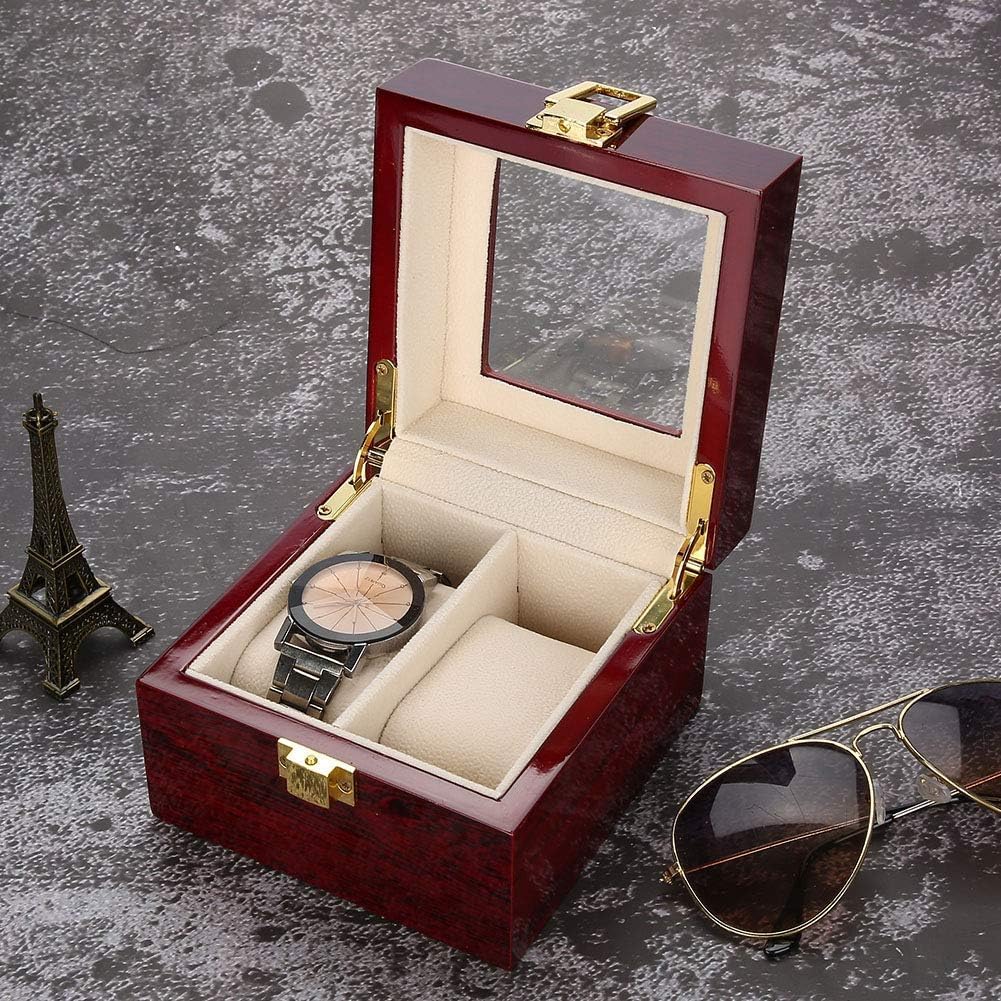Wooden Watch Box, 2 Slots Storage Case Organizer Beige Soft Flannel Lining Red Box for Men with Clear Lid - Image 6