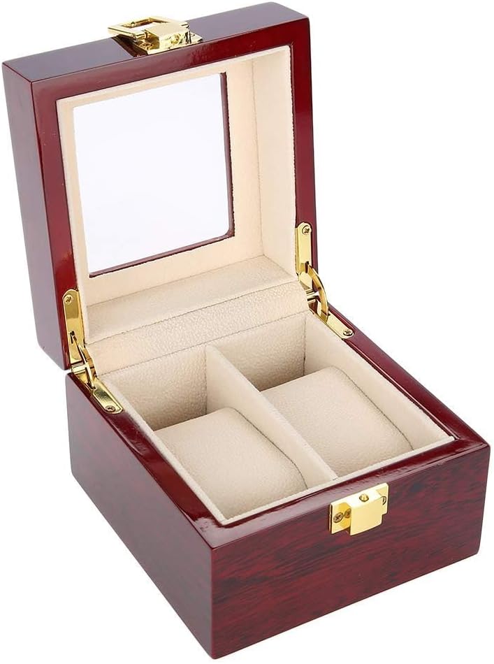 Wooden Watch Box, 2 Slots Storage Case Organizer Beige Soft Flannel Lining Red Box for Men with Clear Lid - Image 7
