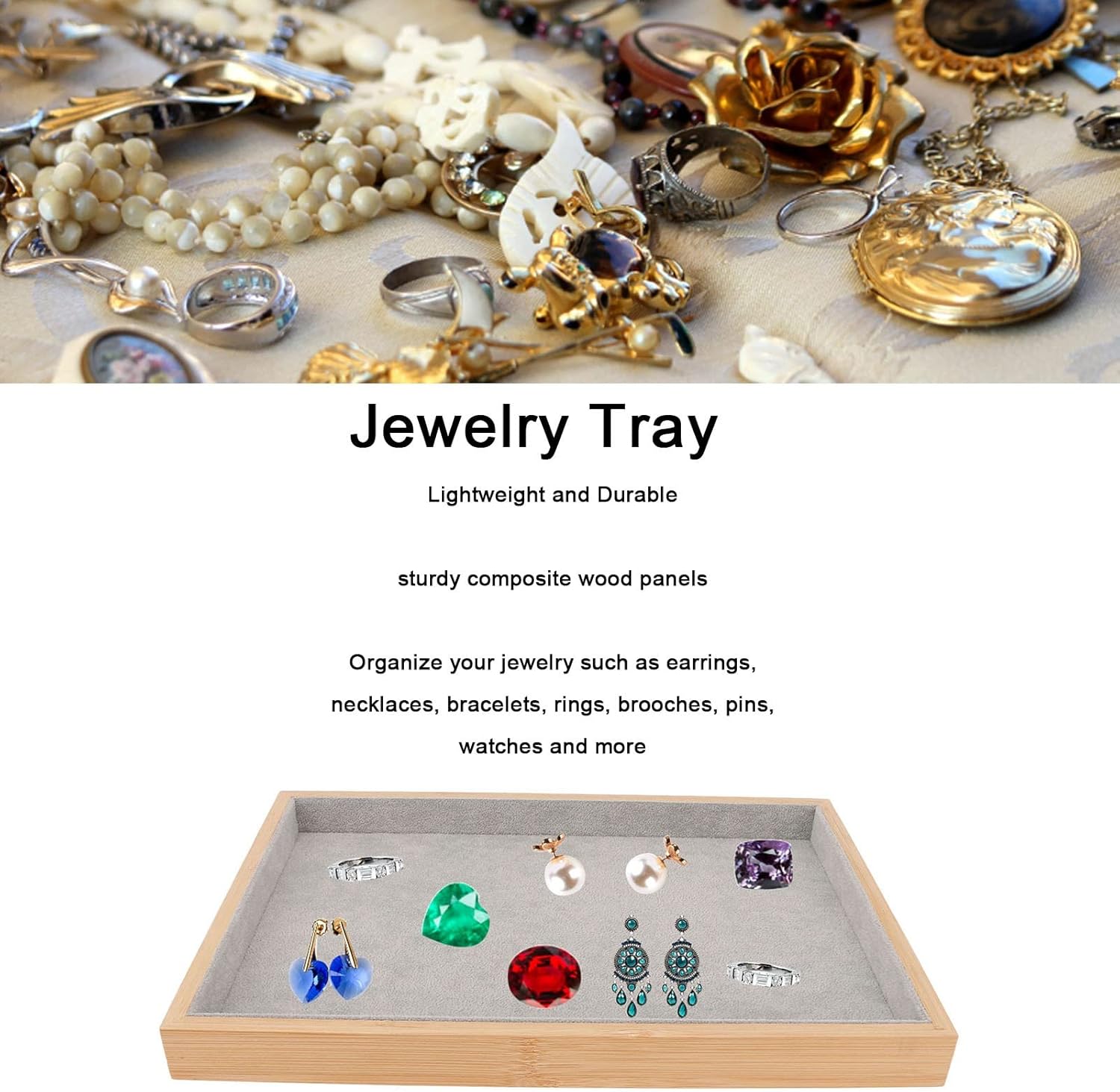 Velvet Stackable Jewelry Tray, Wood Flat Organizer Tray Drawer for Necklace Bracelet Ring Showcase Display(Grey) - Image 2