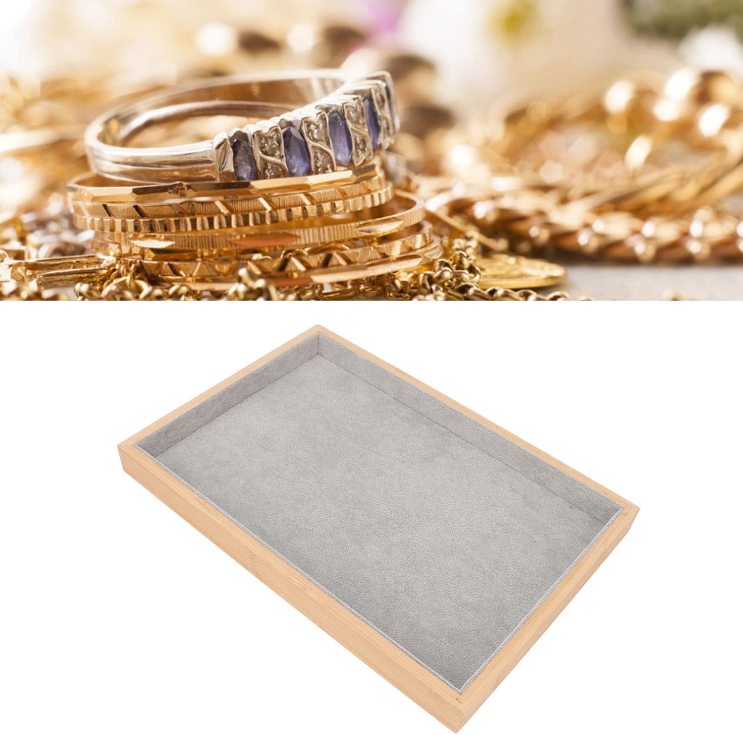 Velvet Stackable Jewelry Tray, Wood Flat Organizer Tray Drawer for Necklace Bracelet Ring Showcase Display(Grey) - Image 5