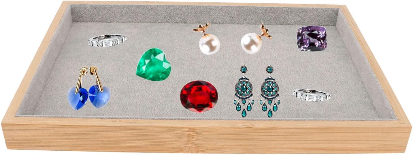 Velvet Stackable Jewelry Tray, Wood Flat Organizer Tray Drawer for Necklace Bracelet Ring Showcase Display(Grey) - Image 6