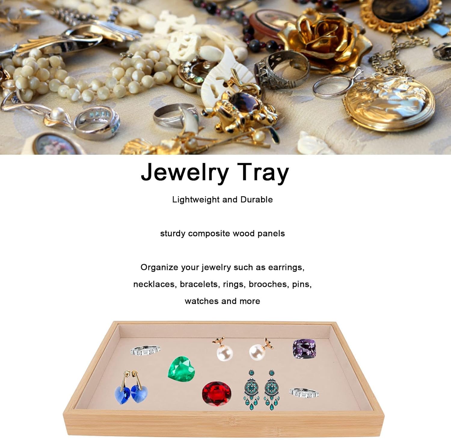Velvet Stackable Jewelry Tray, Wood Flat Organizer Tray Drawer for Necklace Bracelet Ring Showcase Display(Beige) - Image 2