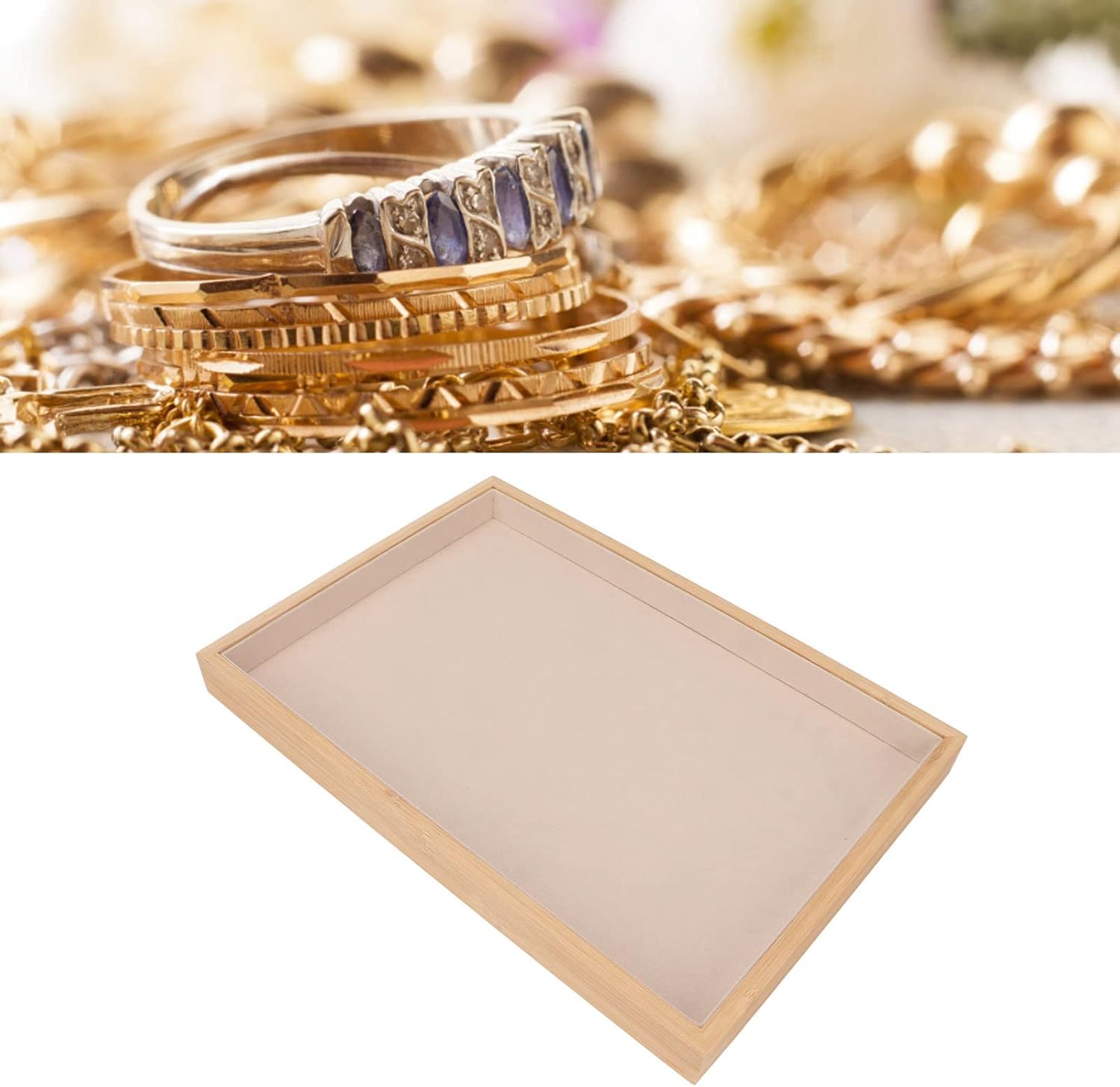 Velvet Stackable Jewelry Tray, Wood Flat Organizer Tray Drawer for Necklace Bracelet Ring Showcase Display(Beige) - Image 5