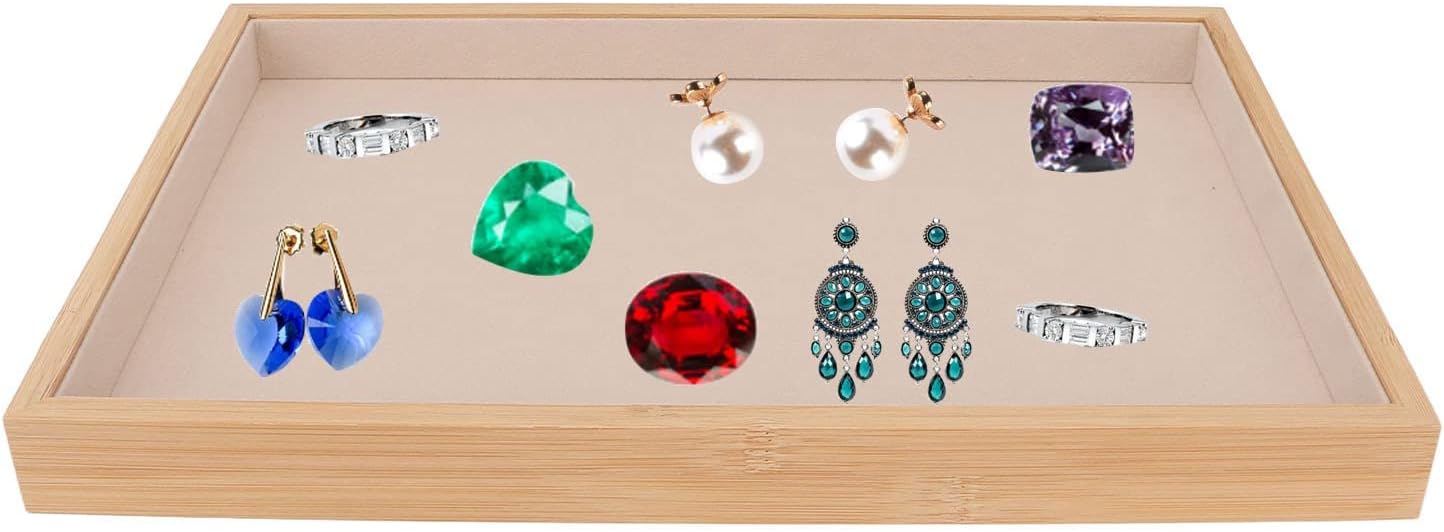 Velvet Stackable Jewelry Tray, Wood Flat Organizer Tray Drawer for Necklace Bracelet Ring Showcase Display(Beige) - Image 6