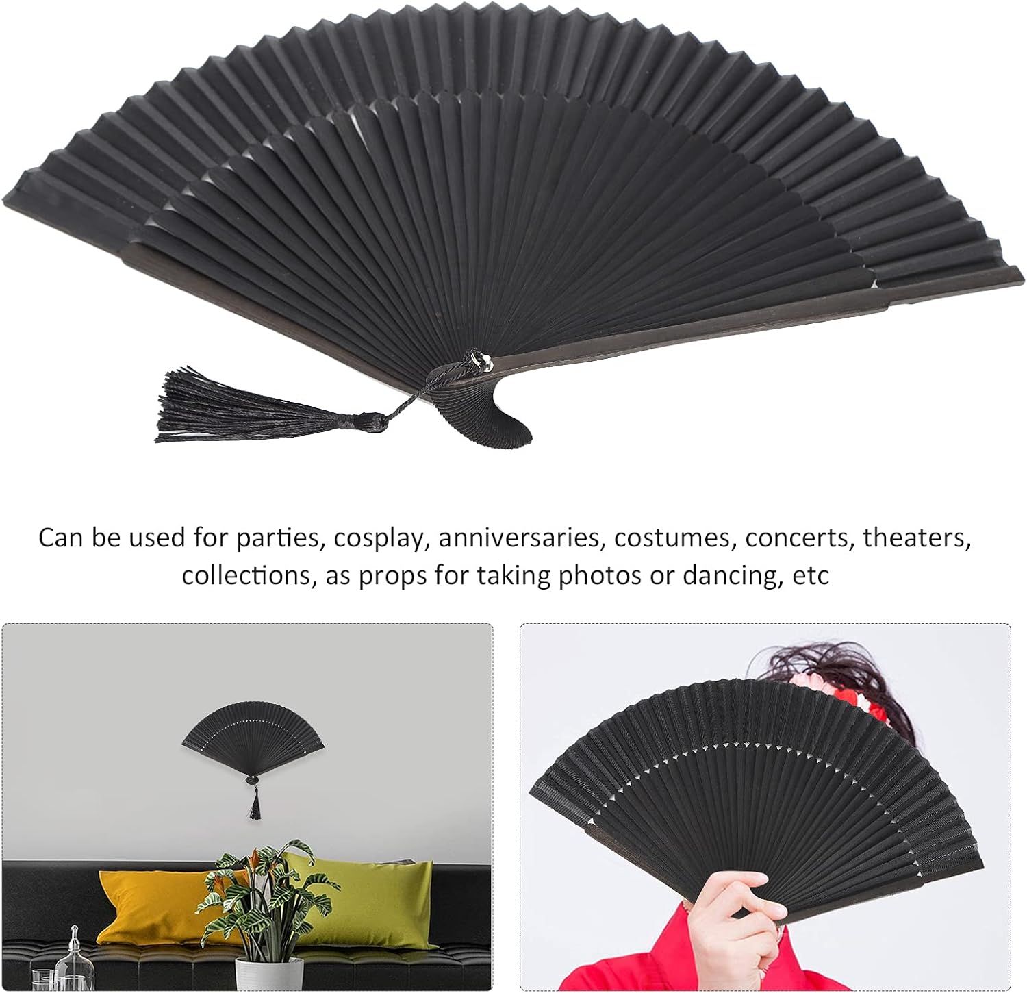 Hand Fans for Women Foldable, Black Folding Fan with Gift Box Silk Bamboo Frames Cosplay Party Props Decoration Small - Image 2