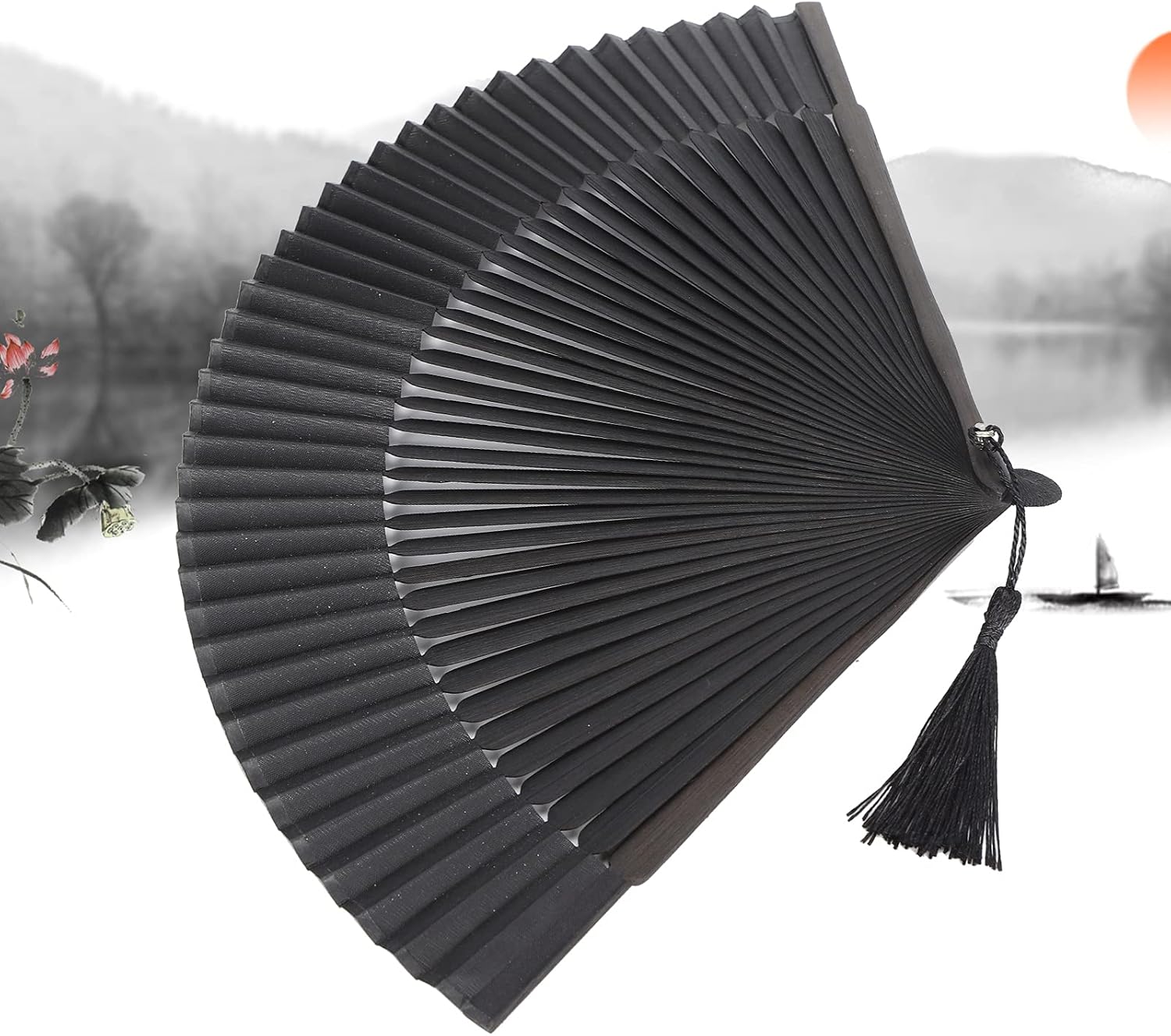 Hand Fans for Women Foldable, Black Folding Fan with Gift Box Silk Bamboo Frames Cosplay Party Props Decoration Small - Image 7