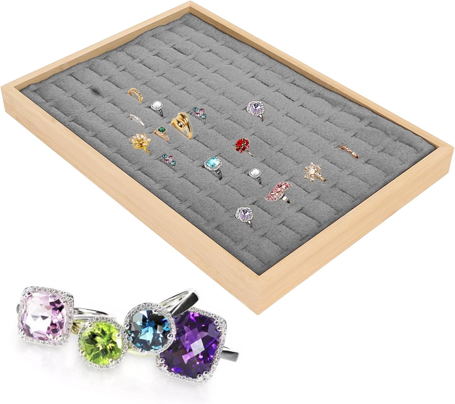 Rings Organizer Tray, 100 Slots Ring Earrings Trays Velvet Jewelry Display Tray Earring Storage Box rawer for Women Girls(grey) - Image 1