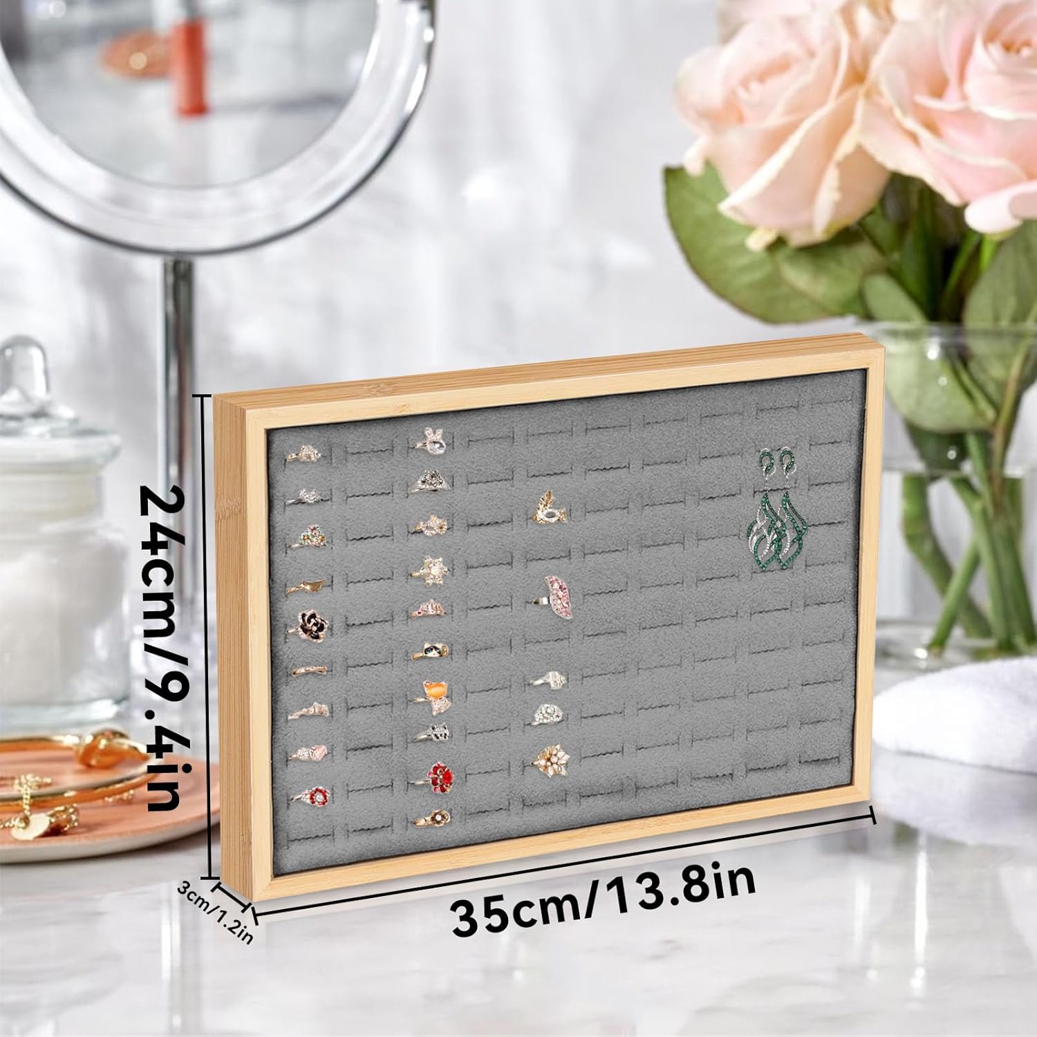 Rings Organizer Tray, 100 Slots Ring Earrings Trays Velvet Jewelry Display Tray Earring Storage Box rawer for Women Girls(grey) - Image 3
