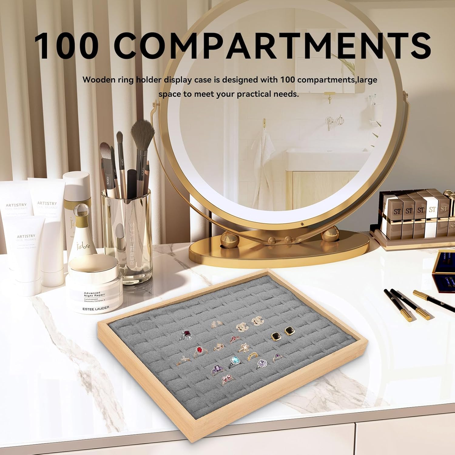 Rings Organizer Tray, 100 Slots Ring Earrings Trays Velvet Jewelry Display Tray Earring Storage Box rawer for Women Girls(grey) - Image 4