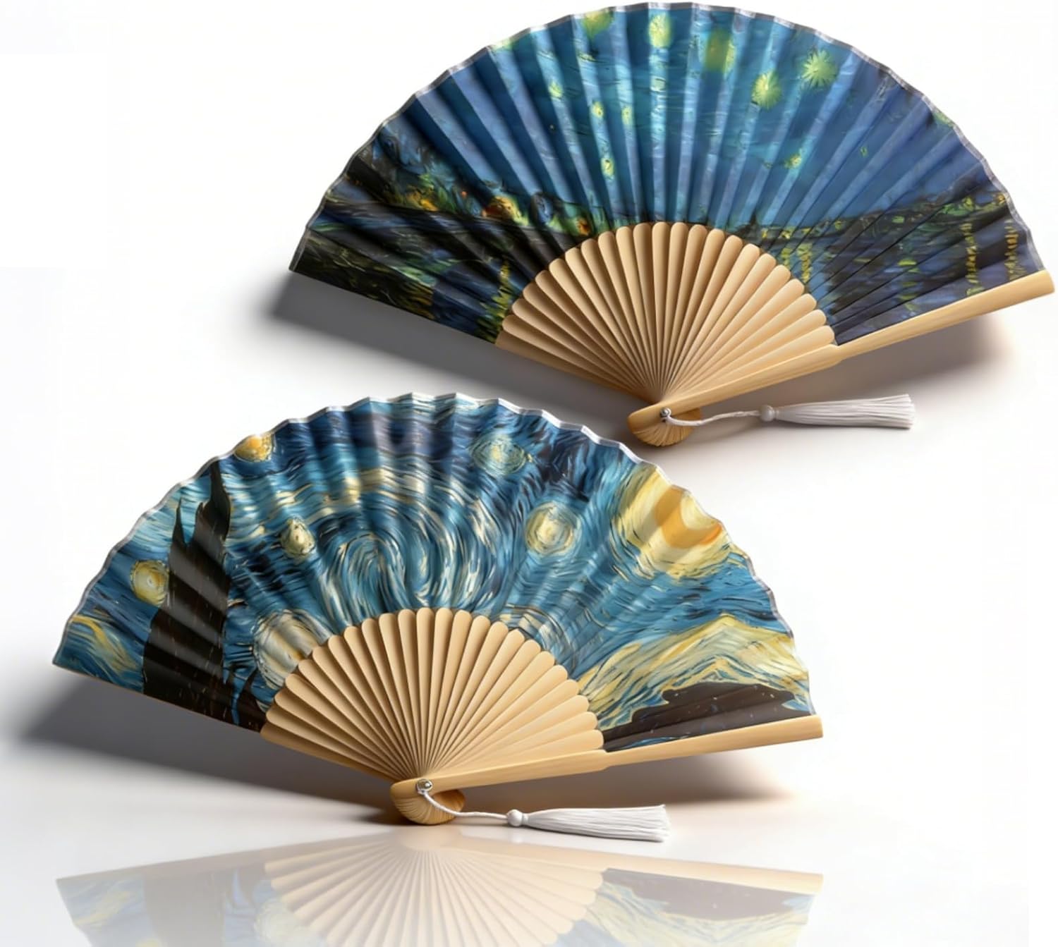 Foldable Hand Fan, 2PCS Held Silk Folding Fan Chinese Handheld with Frames Decorative Starry Night Pattern for Dancing Cosplay Wedding Party Props Decoration - Image 1