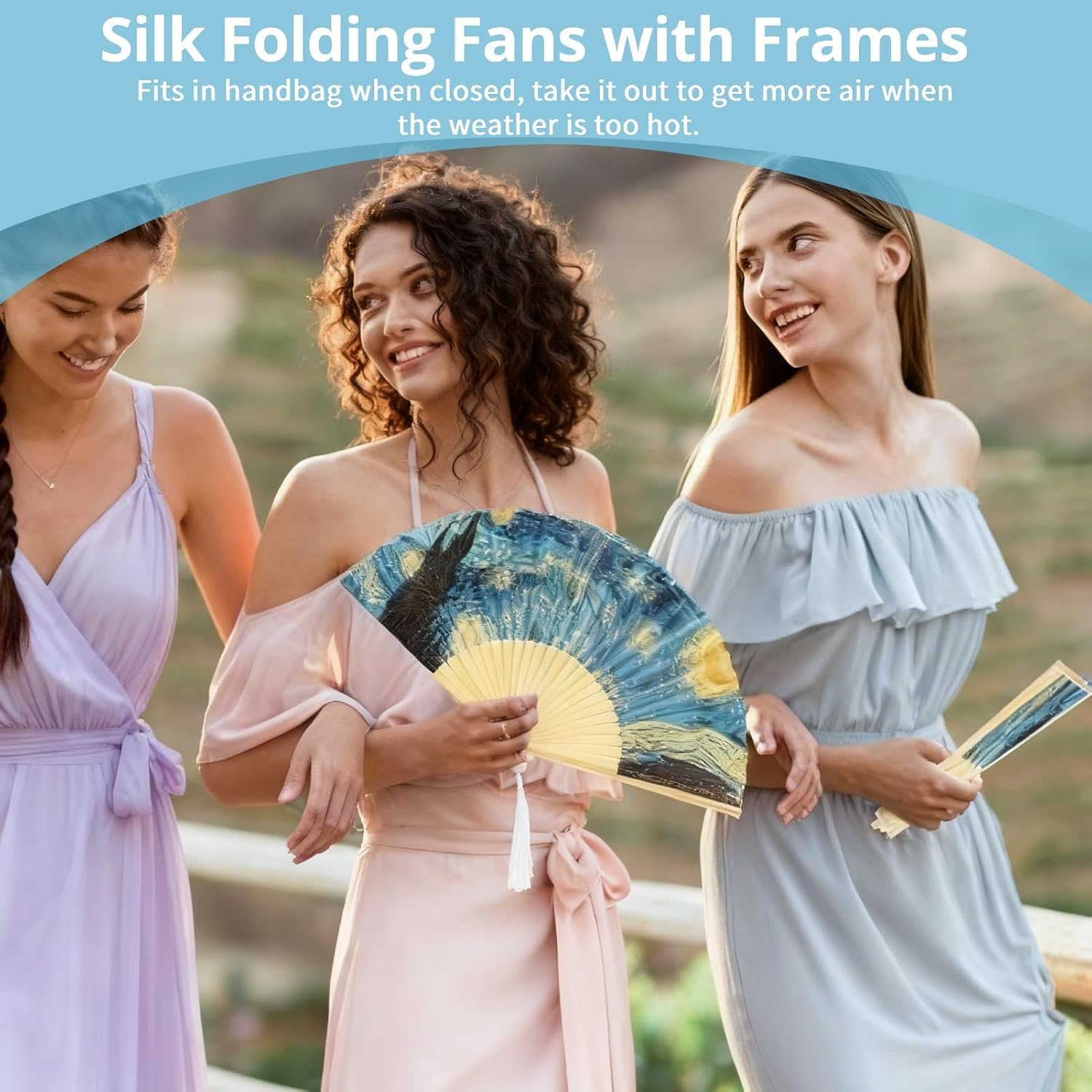 Foldable Hand Fan, 2PCS Held Silk Folding Fan Chinese Handheld with Frames Decorative Starry Night Pattern for Dancing Cosplay Wedding Party Props Decoration - Image 2
